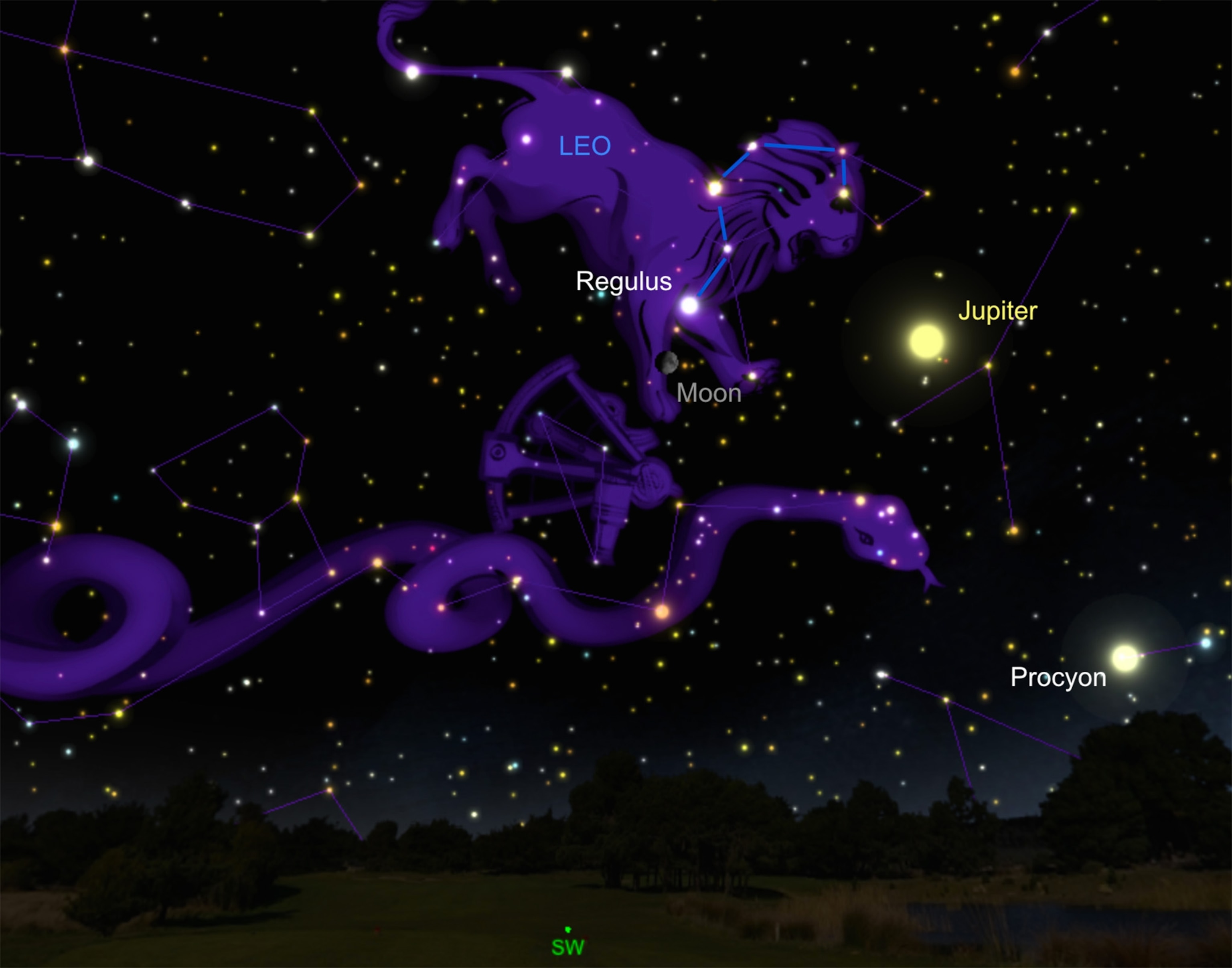 the moon joins the star Regulus and Jupiter in the constellation Leo, the lion