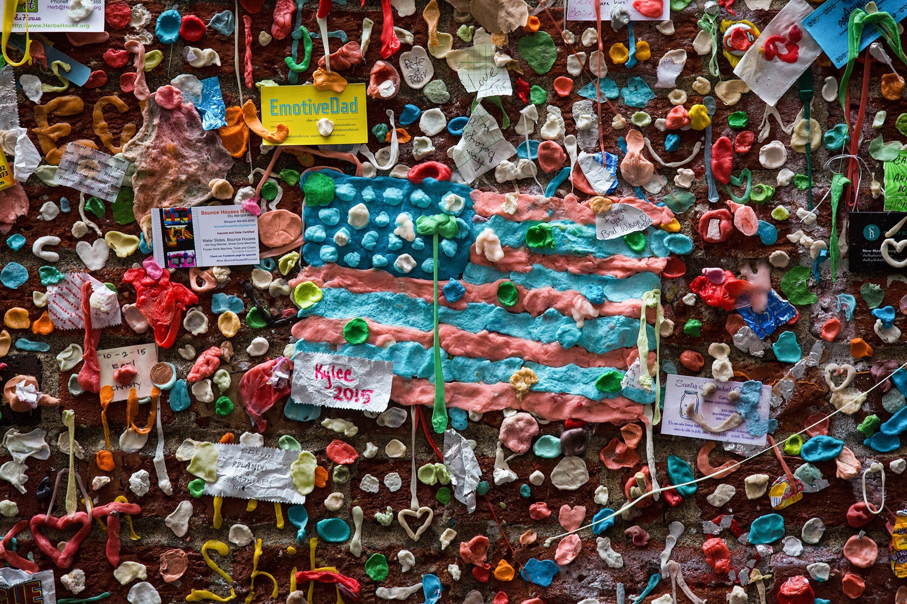 A flag made from chewed gum on the gum wall in downtown Seattle, Washington