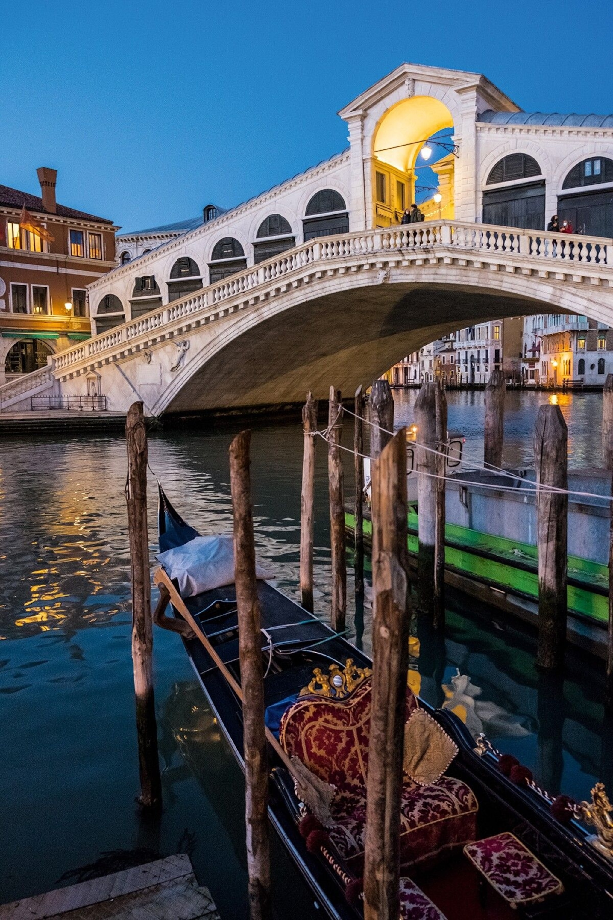 The historic Rialto Bridge, crossing the Grand Canal.