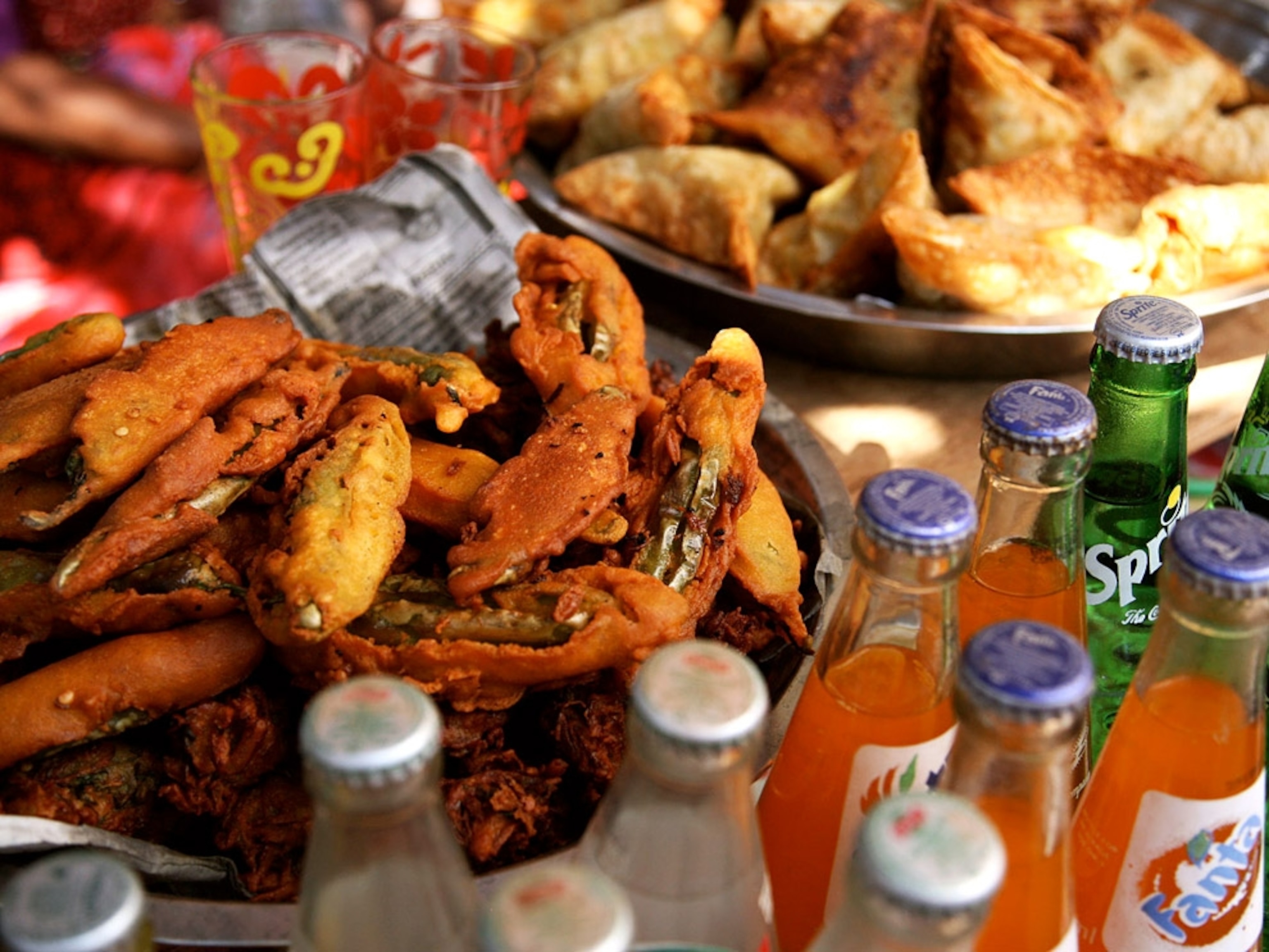 Samosas, chicken and drinks for sale
