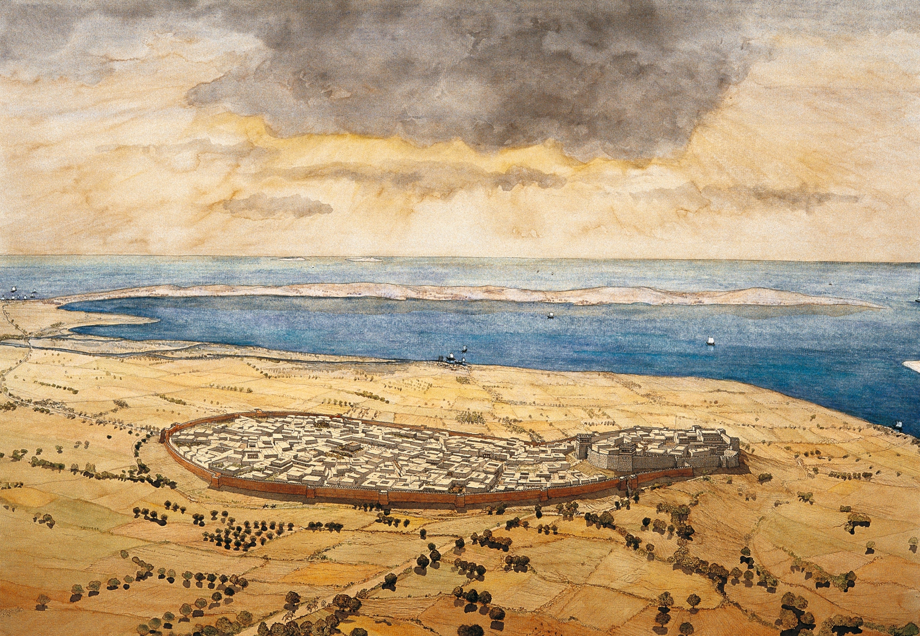 A watercolor re-creation of the city of Troy.