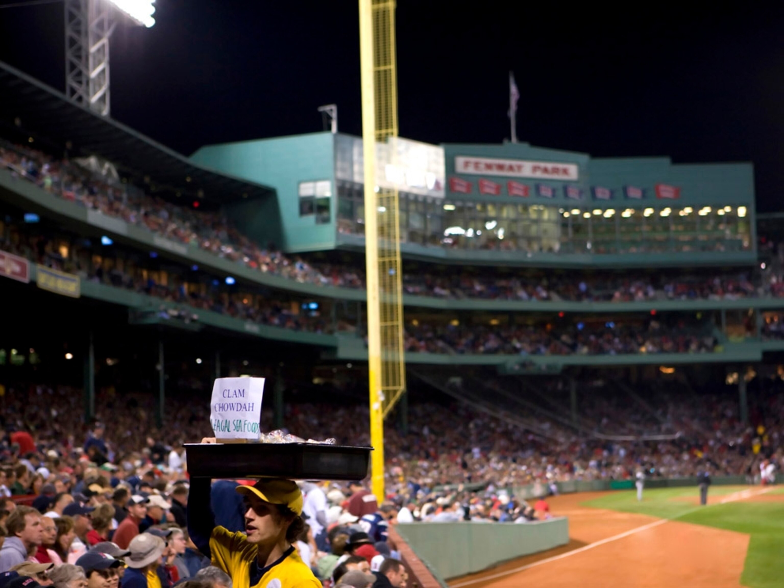 Concessionaire sells clam chowder or, in Boston, "Clam Chowdah" at at Boston Red Sox game, Fenway Park, Boston, MA.
