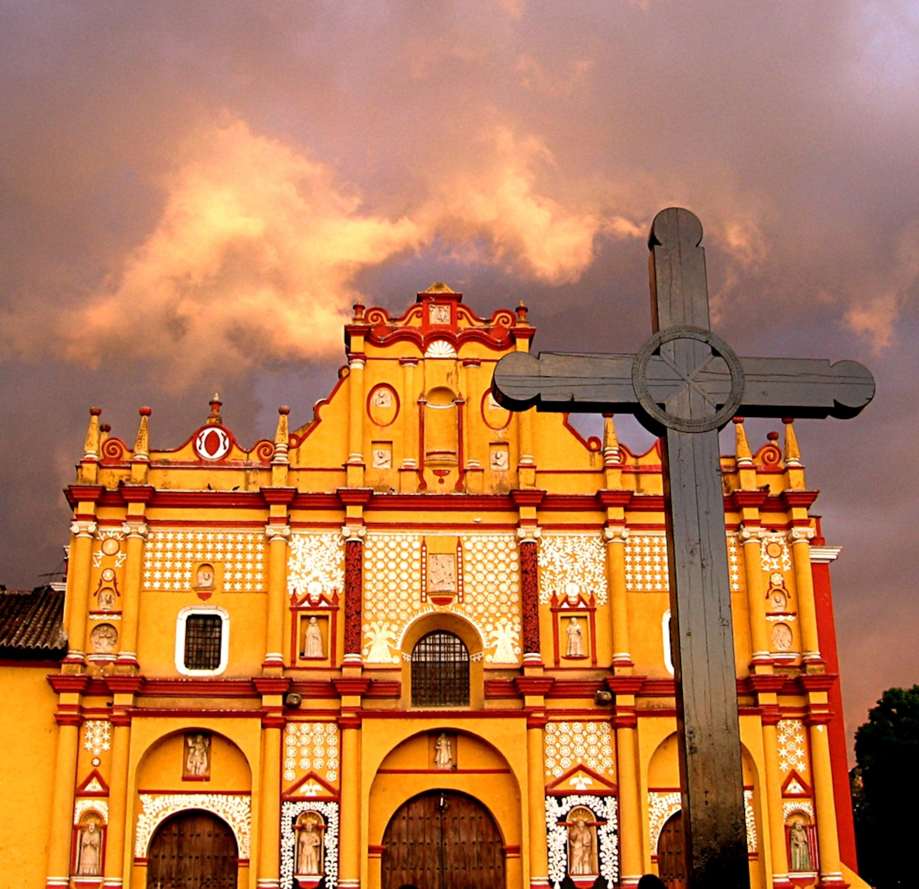 the Cathedral of San Cristobal de las Casas at sunset, Chiapas, Mexico