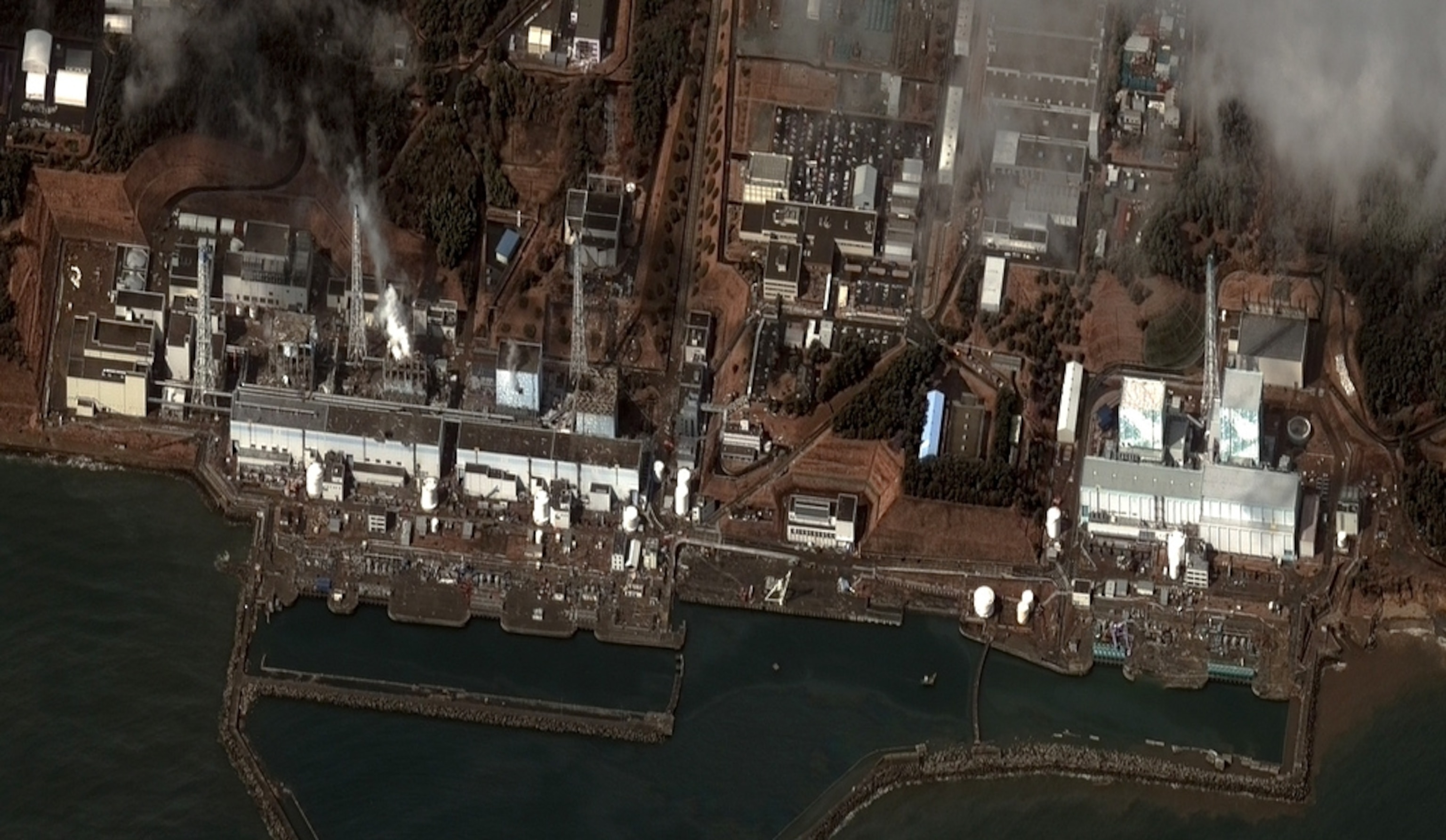 Fukushima Daiichi nuclear power plant, Japan, picture: satellite image of reactor buildings after explosions in wake of earthquake and tsunami