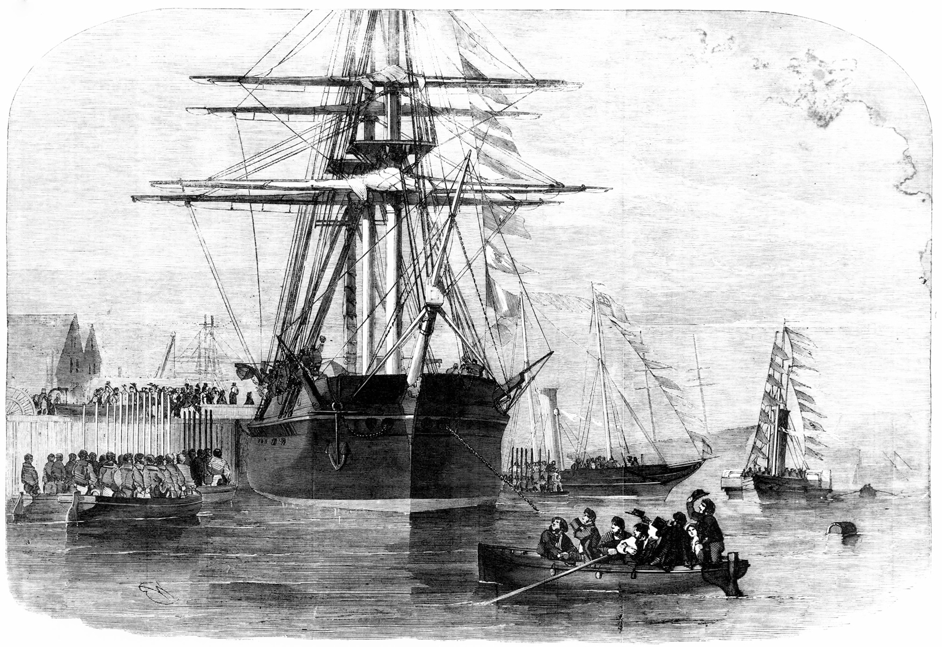 Plate taken from the Illustrated London News (Vol 56/2, 1856) showing Queen Victoria (1819-1901) about to board the ship at Cowes Harbour. HMS Resolute, a Royal Navy arctic discovery vessel, was sailed back to Portsmouth from the Arctic by the US Navy, under the command of Commander Hartstein, after the ship had been stuck in ice for over a year.