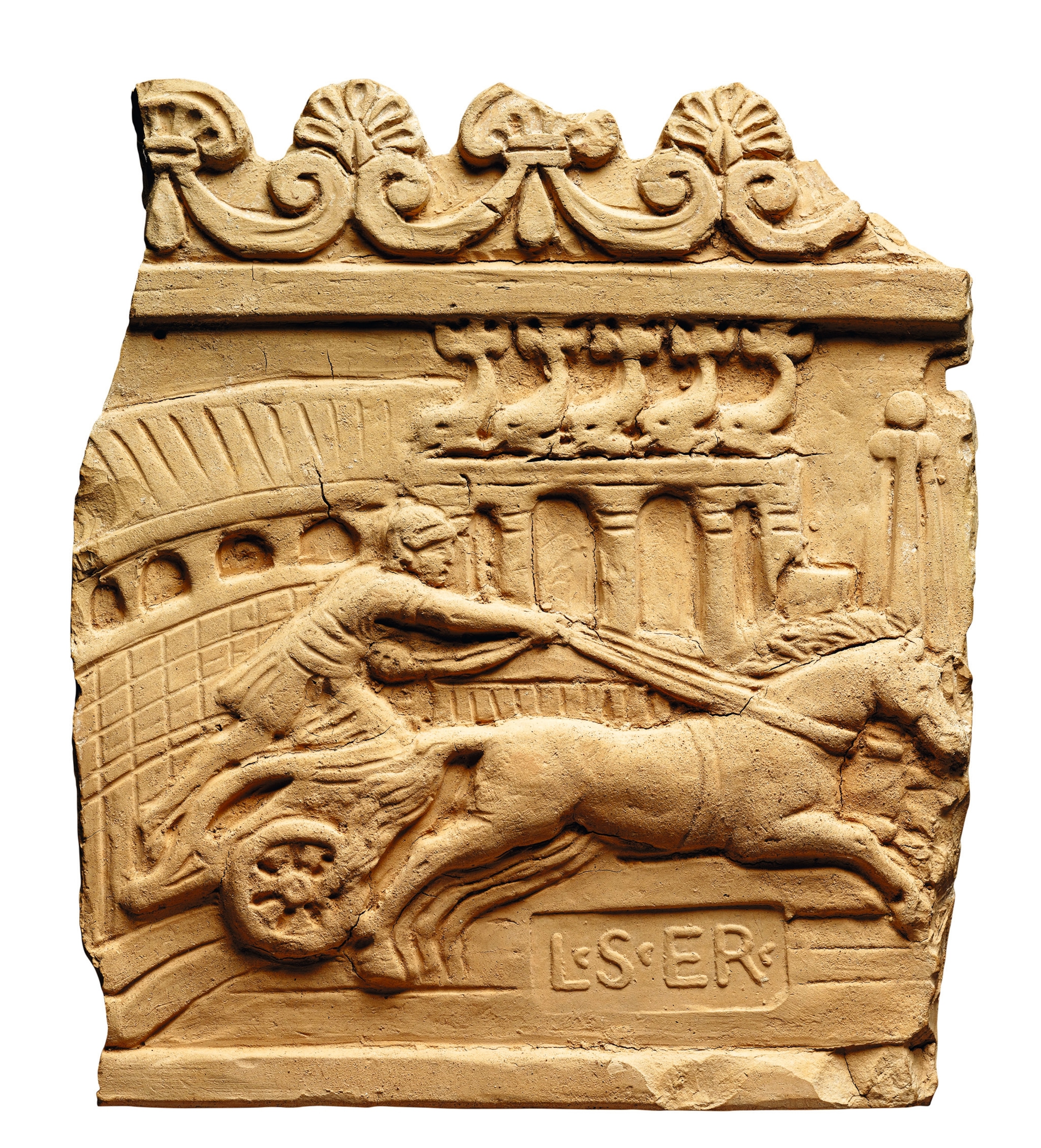 A terra-cotta fragment shows a charioteer mid-race.