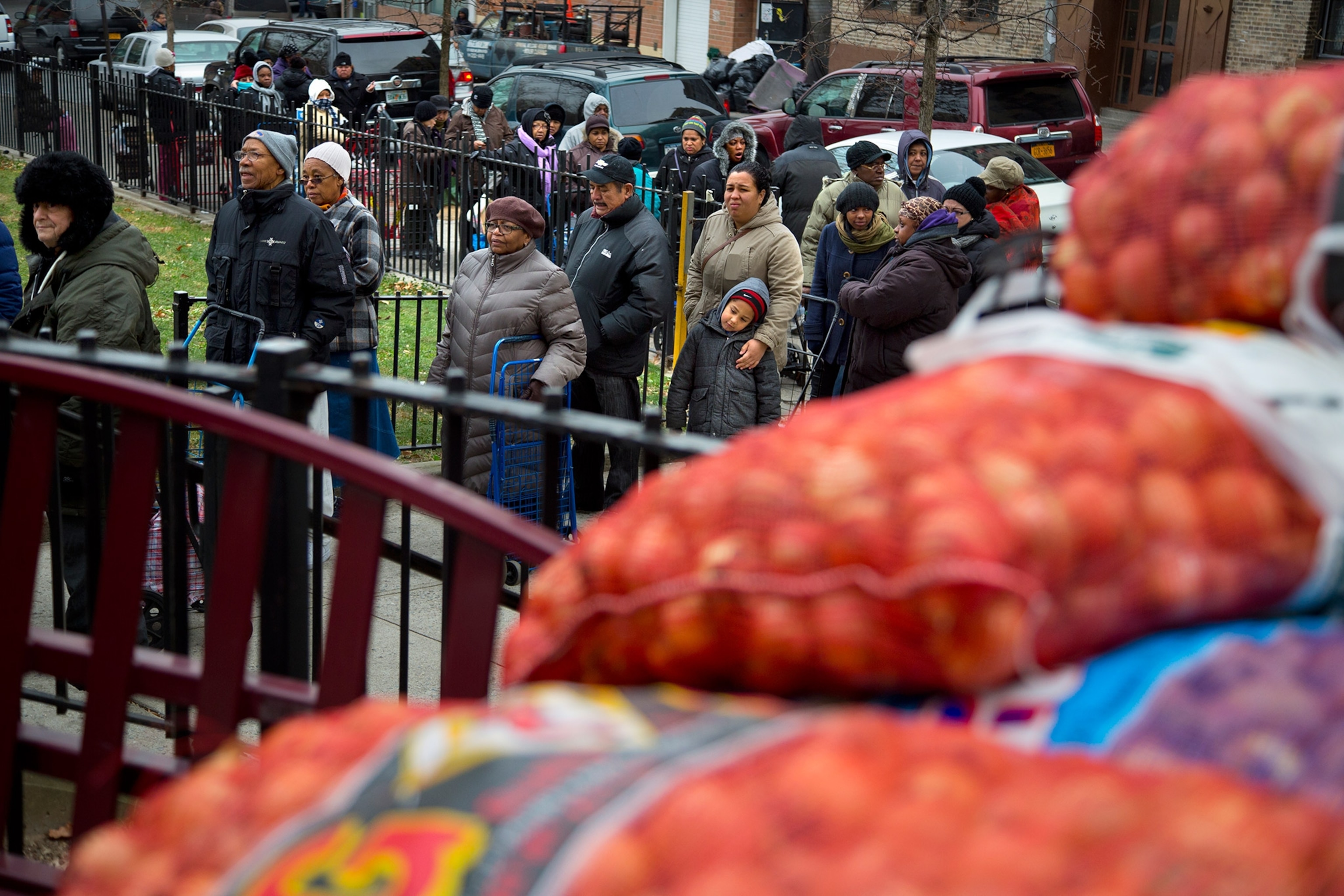 people lining up to collect food through an assistance program put on by City Harvest