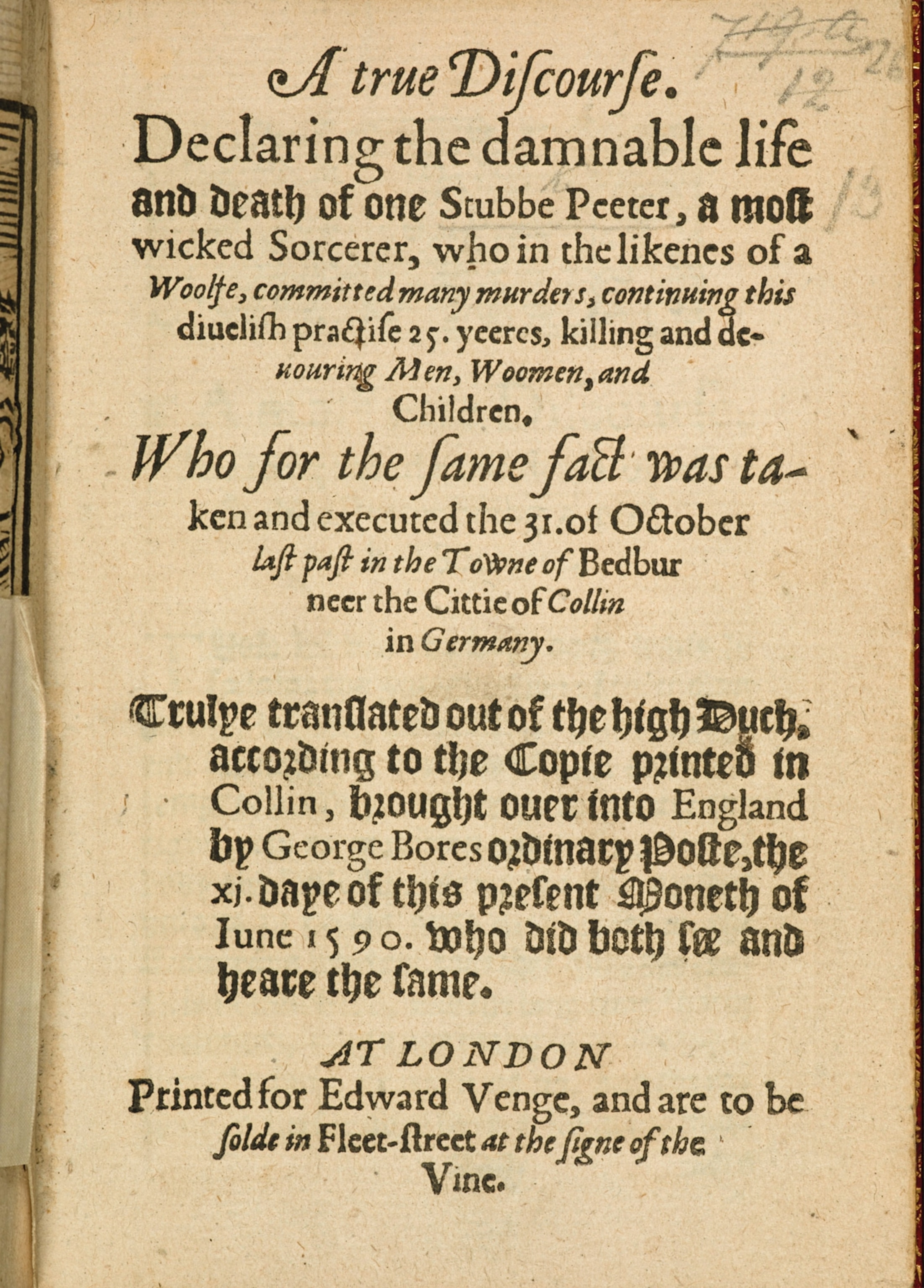One of the few printed accounts of Stump's trial that survived is this 16-page illustrated pamphlet published in 1590.