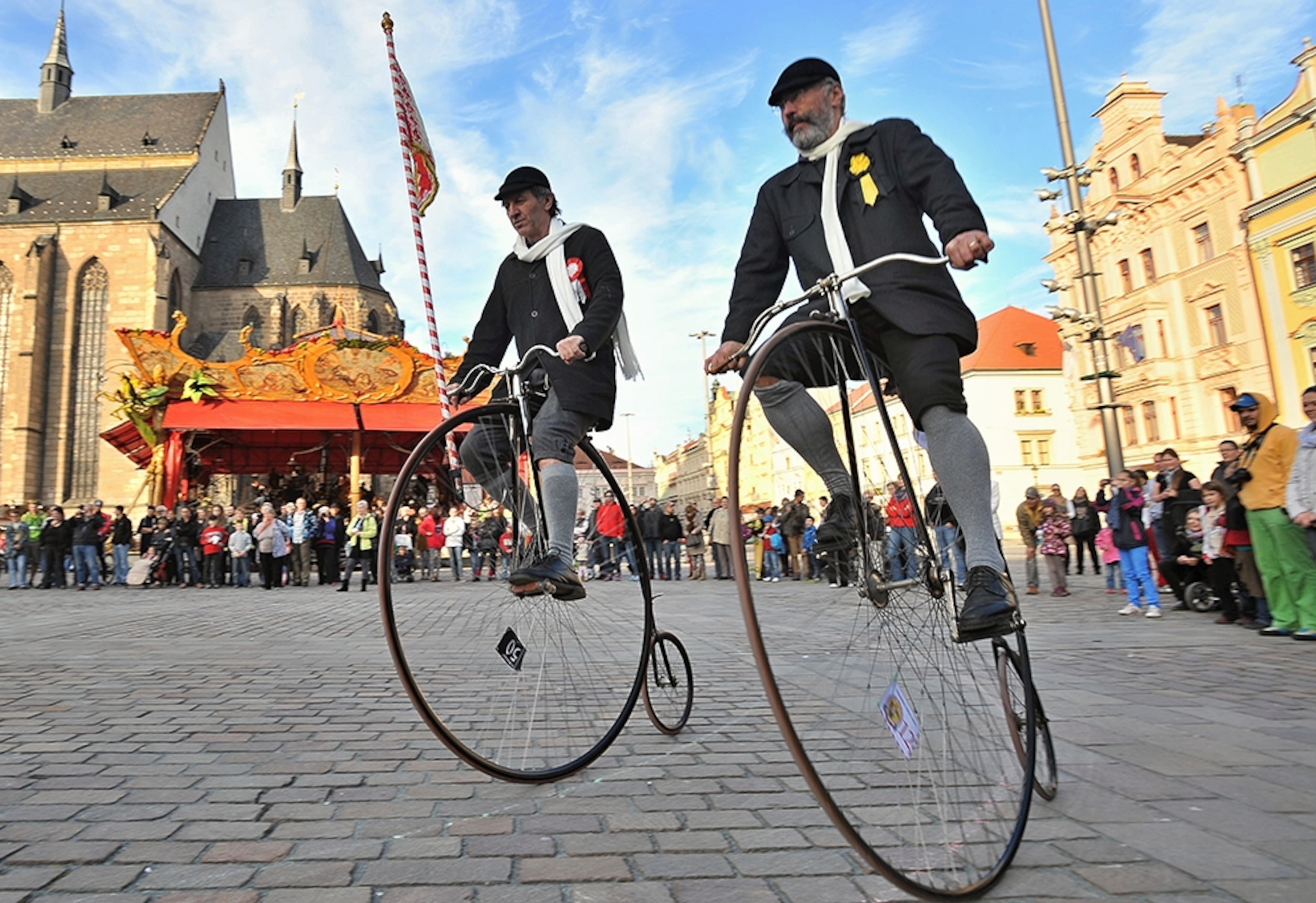 velocipedists in Pilsen's Republic Square, Czech Republic