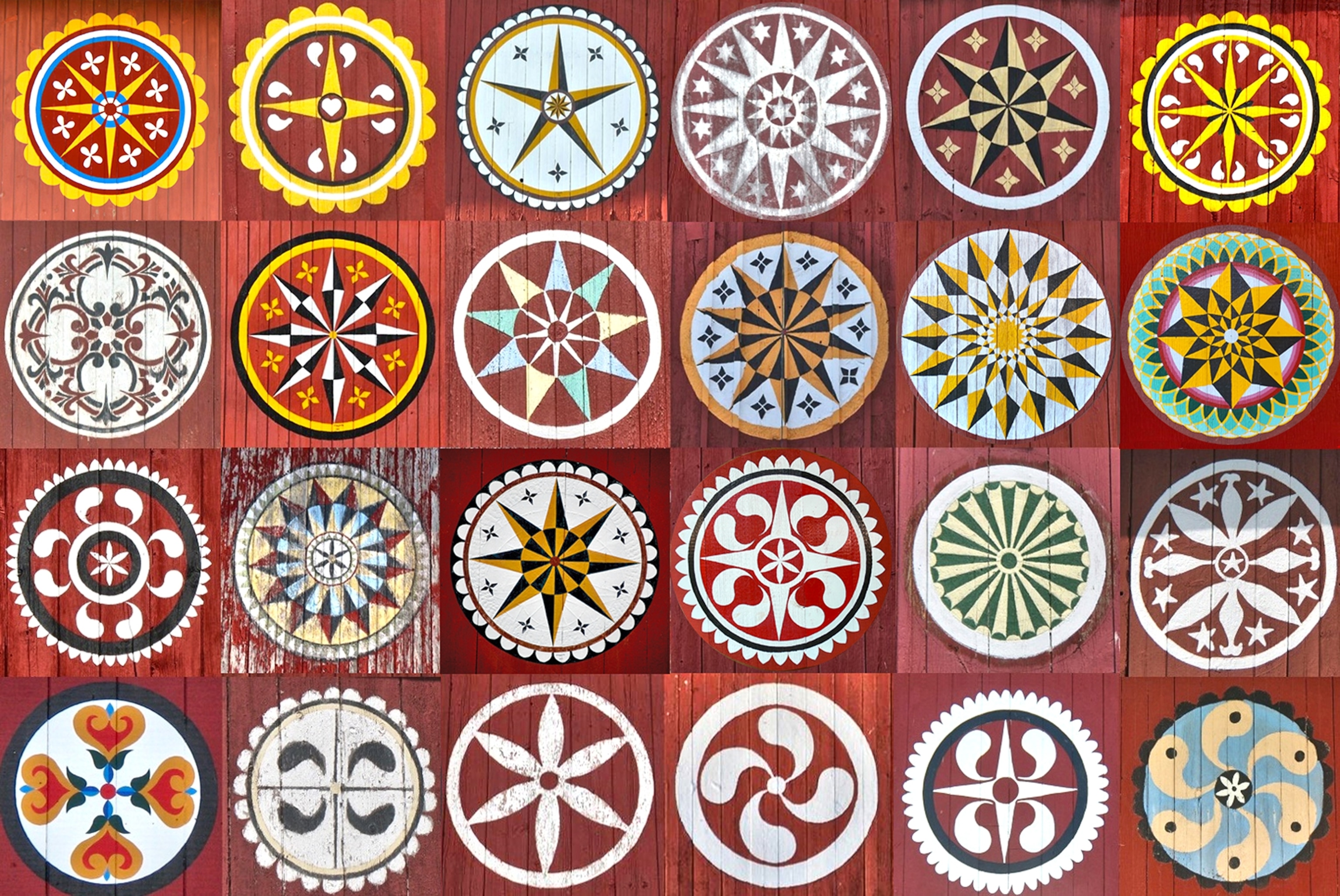 geometric circles painted on a red bard
