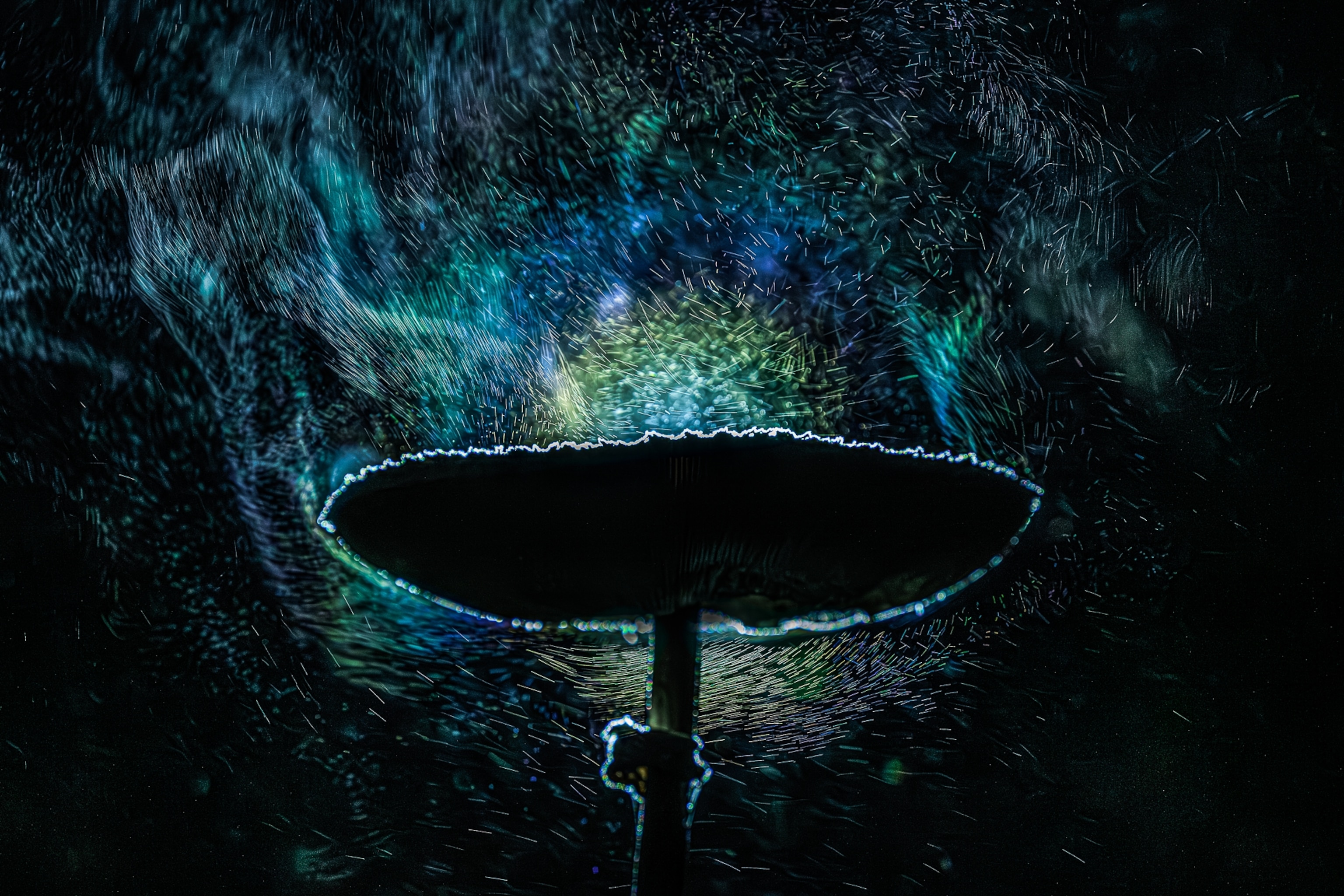 The silhouette of a mushroom is illuminated from behind by small specs of colorful spores.