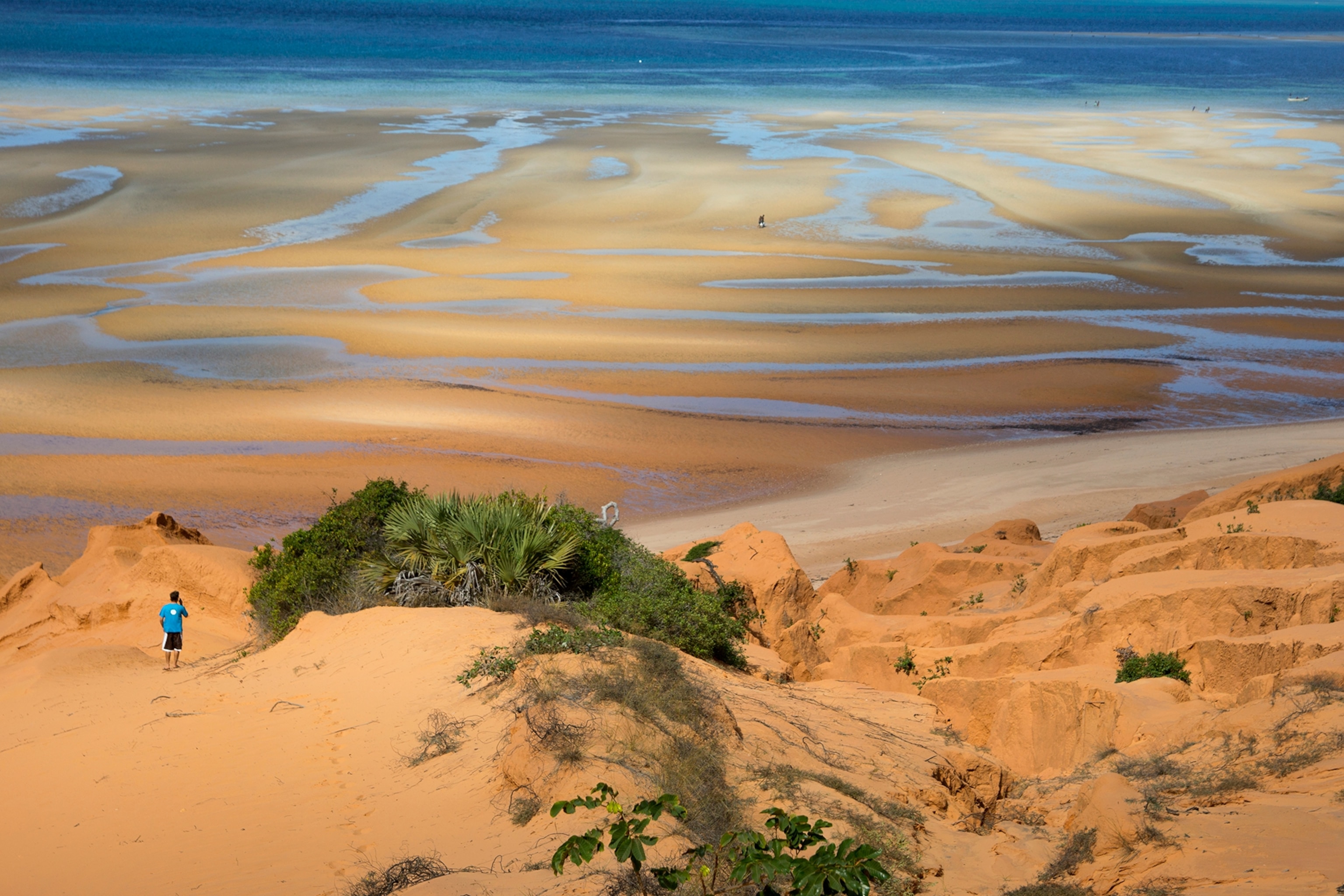 visitors taking in the view of sand flats exposed by low tide and dunes along the south coast of Mozambique.