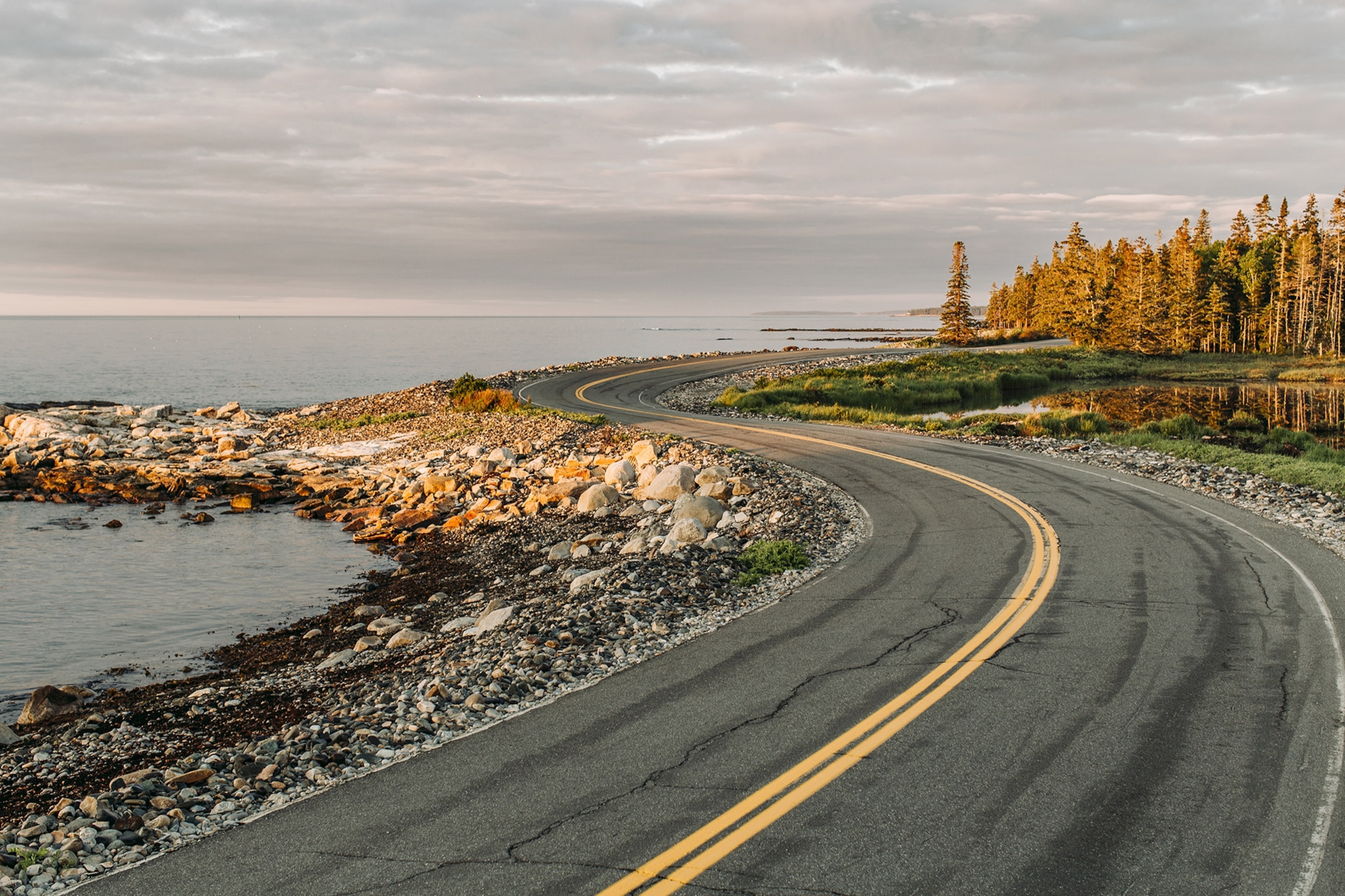 A paved road winds along a rocky shoreline, treeline in the distance