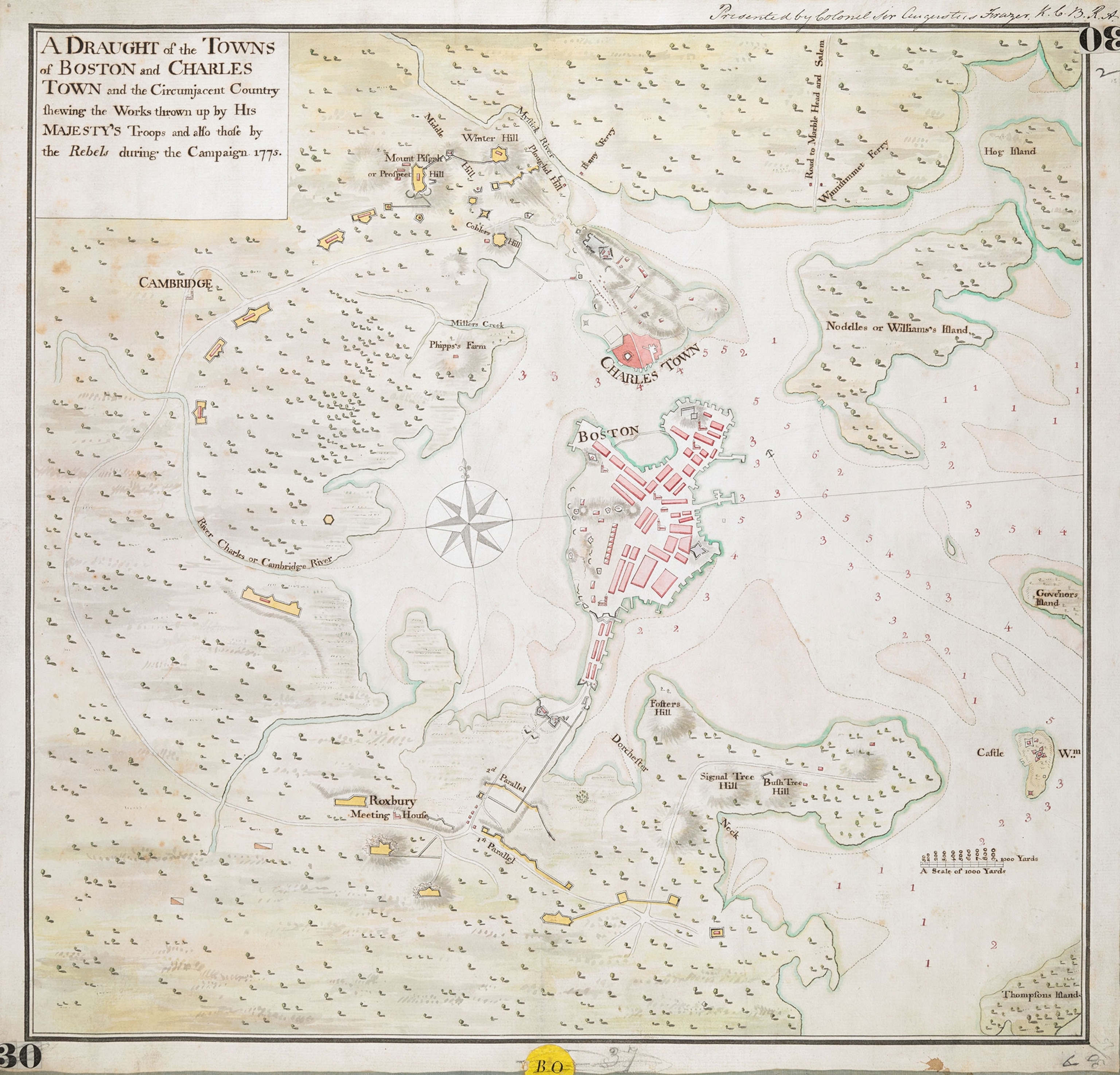 This map of Boston and vicinity shows fortifications of the British (red) and opposing American colonists (yellow) after the Battles of Lexington and Concord in April 1775 and the Battle of Bunker Hill in June 1775, waged adjacent to Charlestown, which the British then occupied.