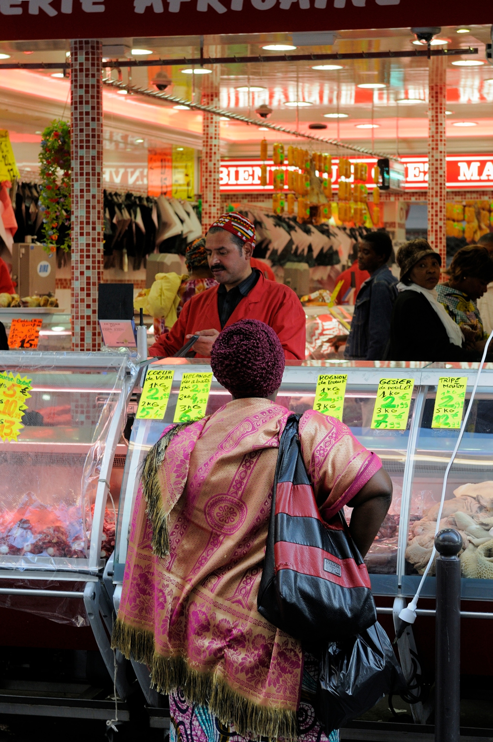 FRANCE / region Ile-de-France / Paris /18 th arrondissement / La Goutte d'Or district / halal butcher's shop on Dejean food market