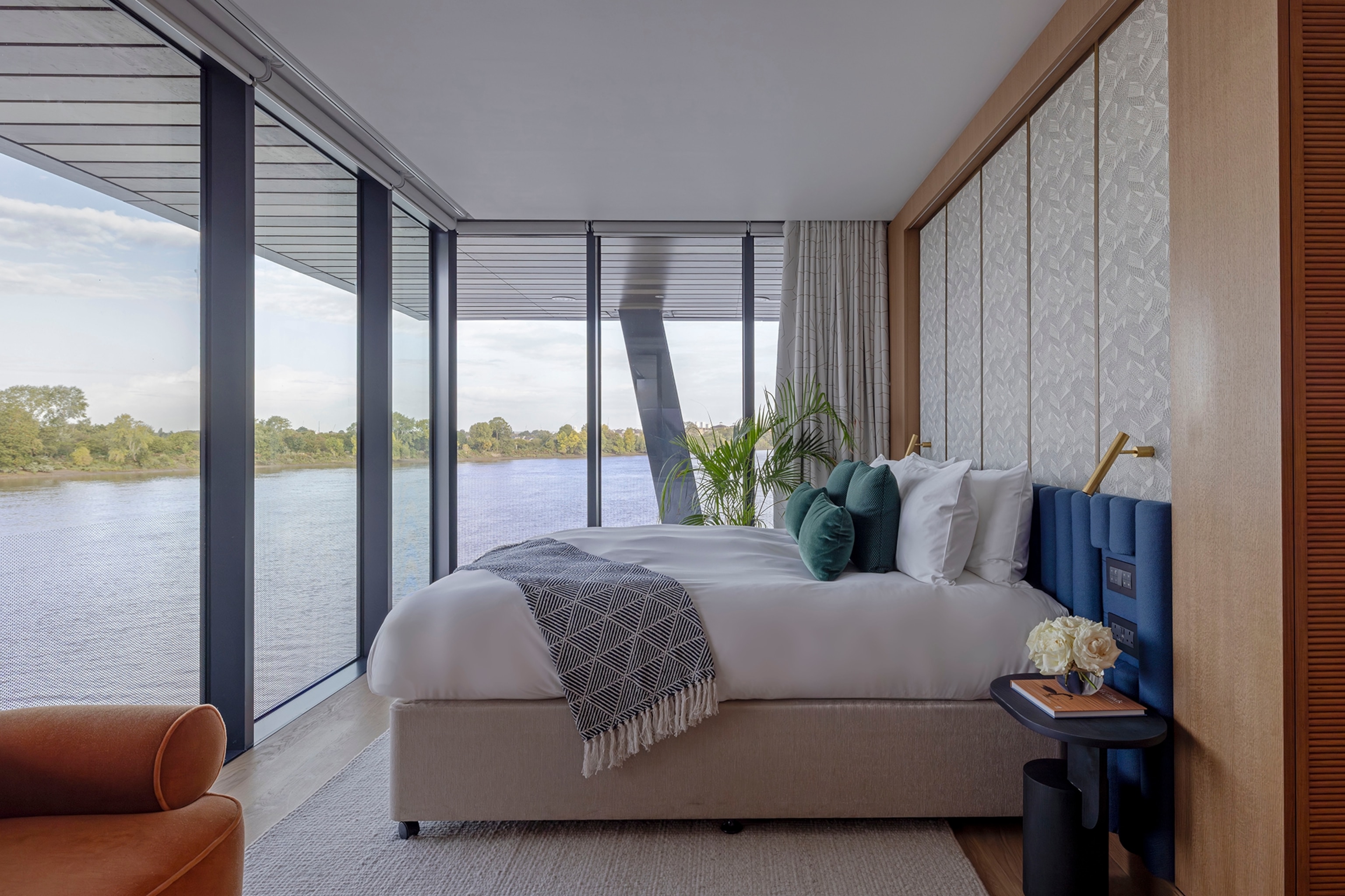 a hotel room with river views