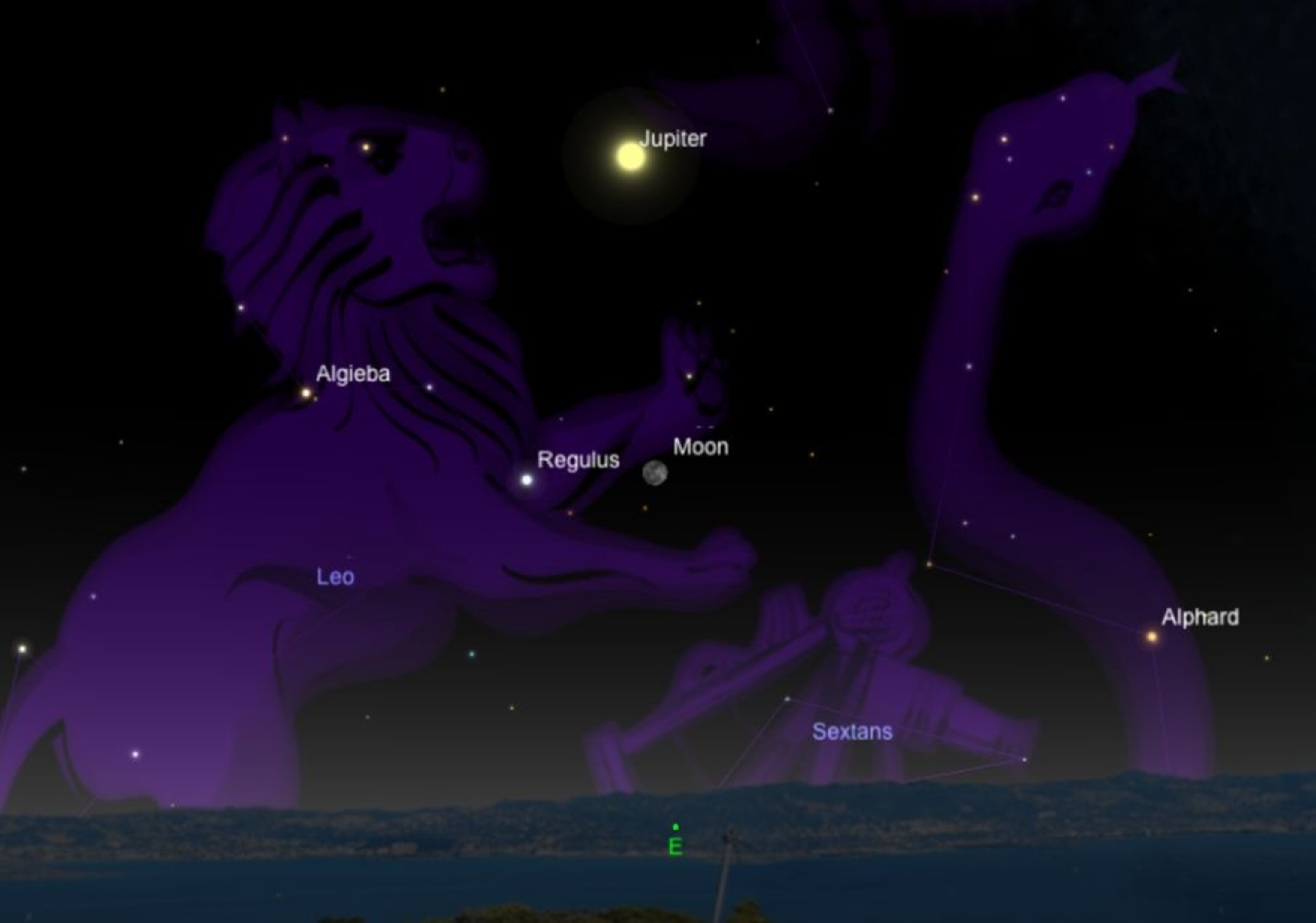 the moon showing near the constellation Leo