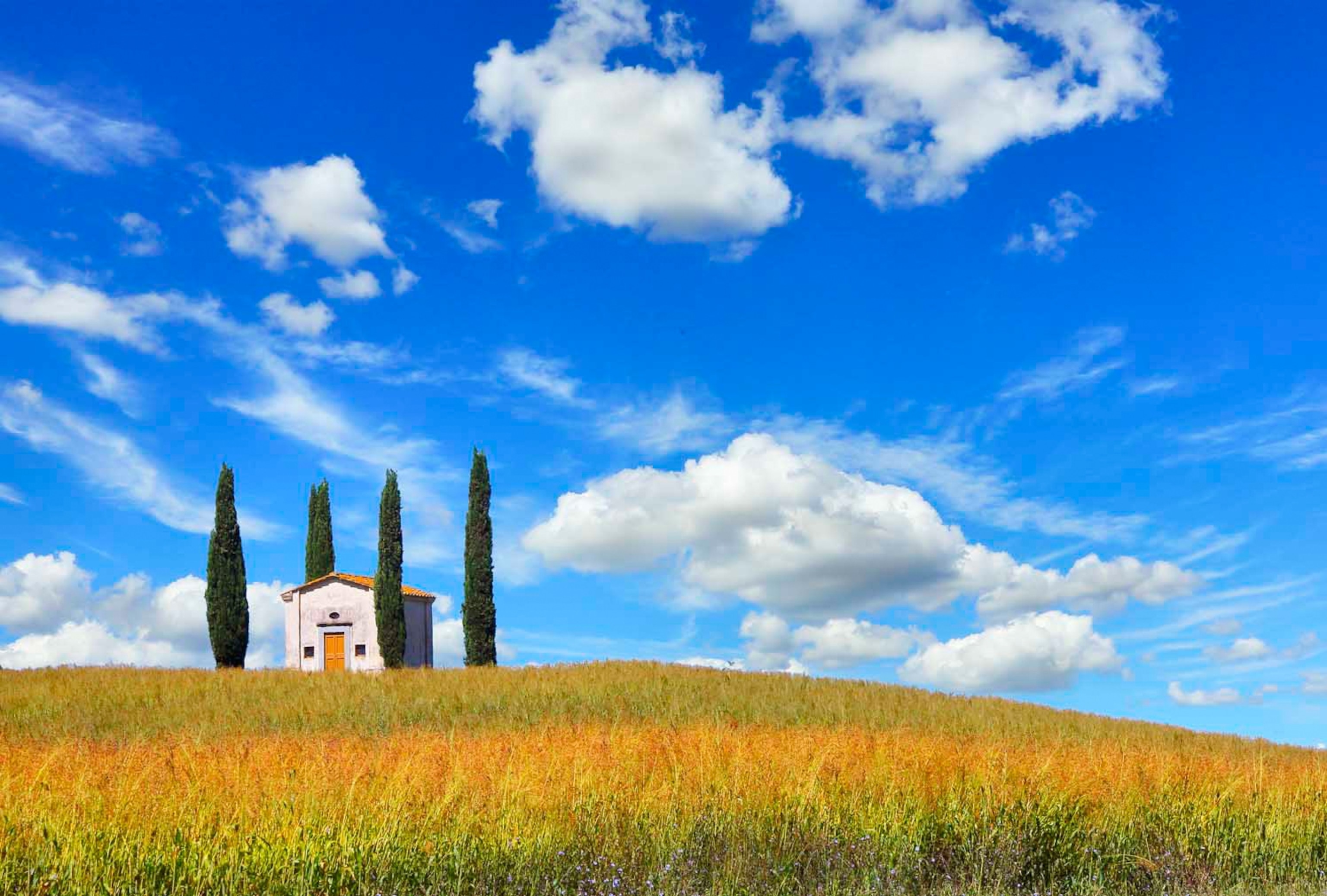 a small country church and cypress trees in Valdera valley, Tuscany, Italy