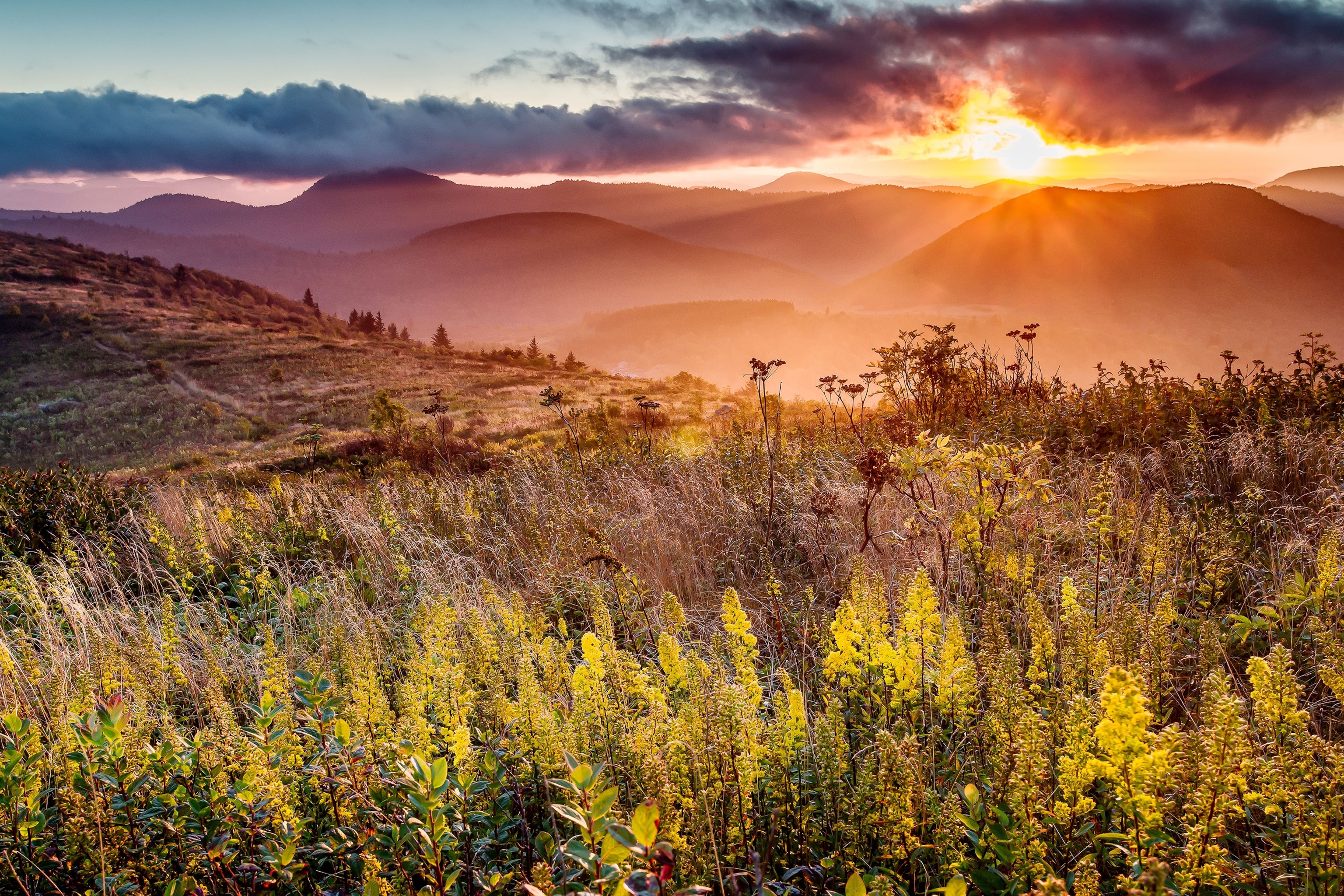 the sunset over the Appalachian Mountains in Asheville, North Carolina