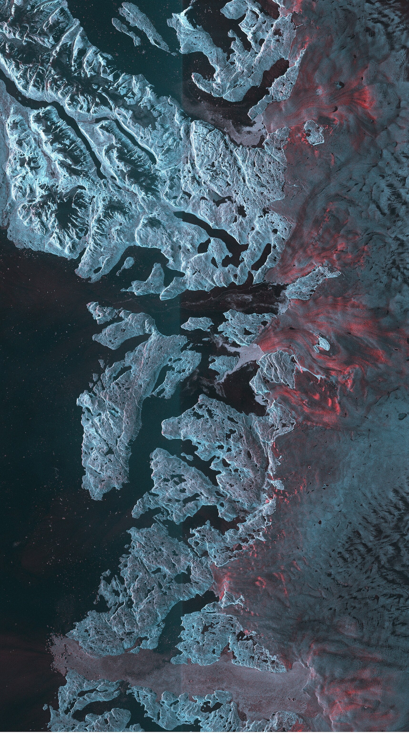 Greenland’s numerous glaciers drain ice from the central ice sheet, such as the Jakobshavn Glacier visible at the bottom of this image.