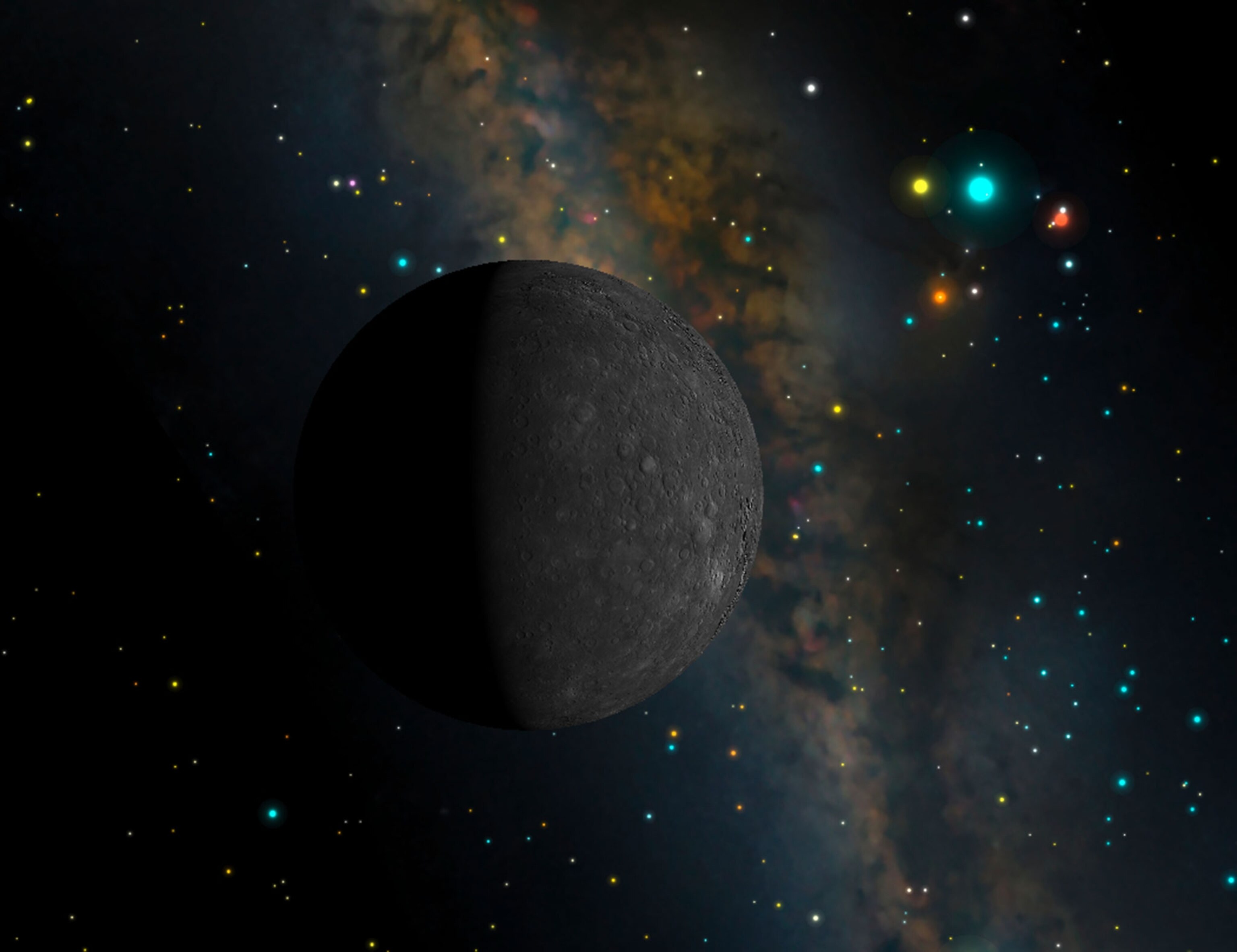 computer simulation shows Mercury close up with Earth, Mars, and Saturn