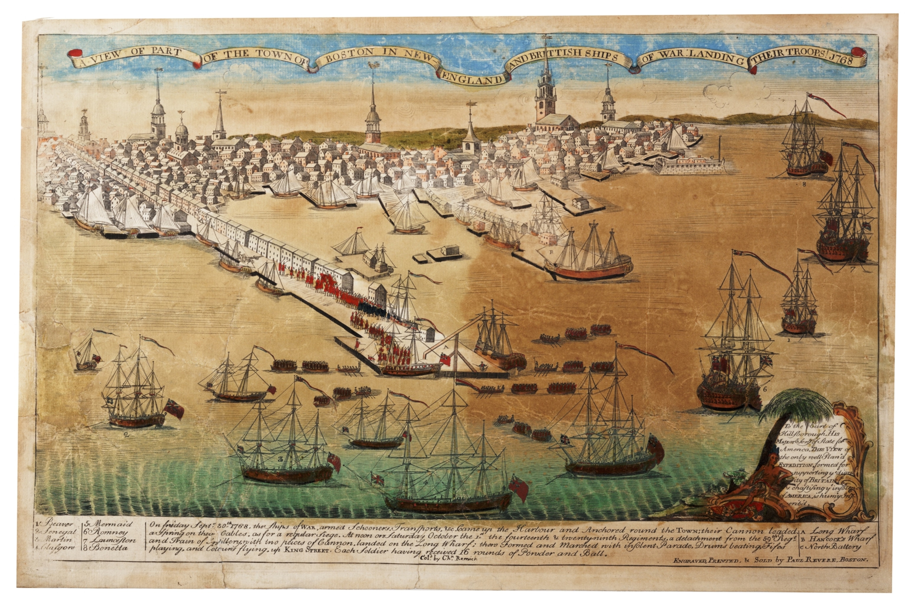 A piece of art that shows the edge of a city and boats in the nearby water.