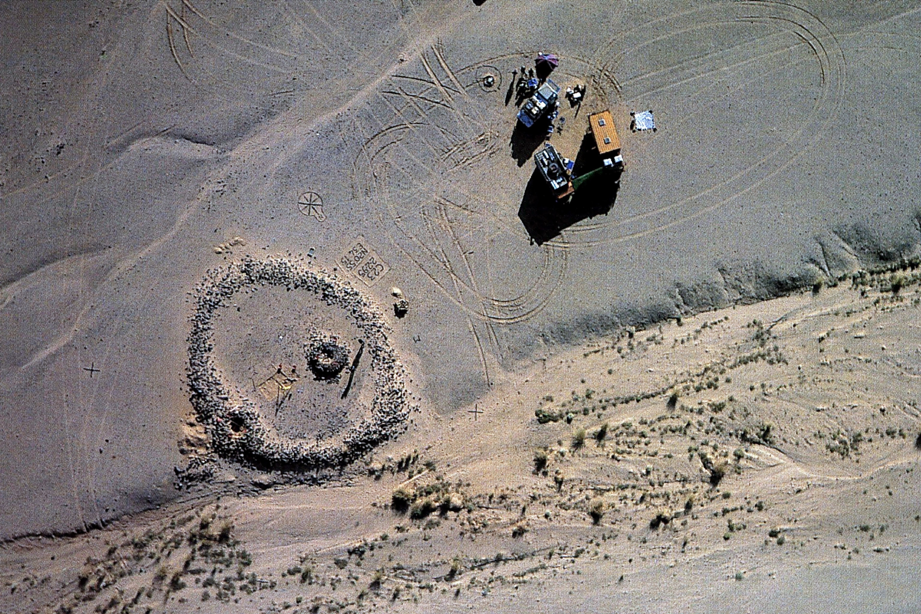 A kite photograph of an enclosure burial, C23, from the Centro Ricerche sul Deserto Orientale surveys in Eastern Sudan.