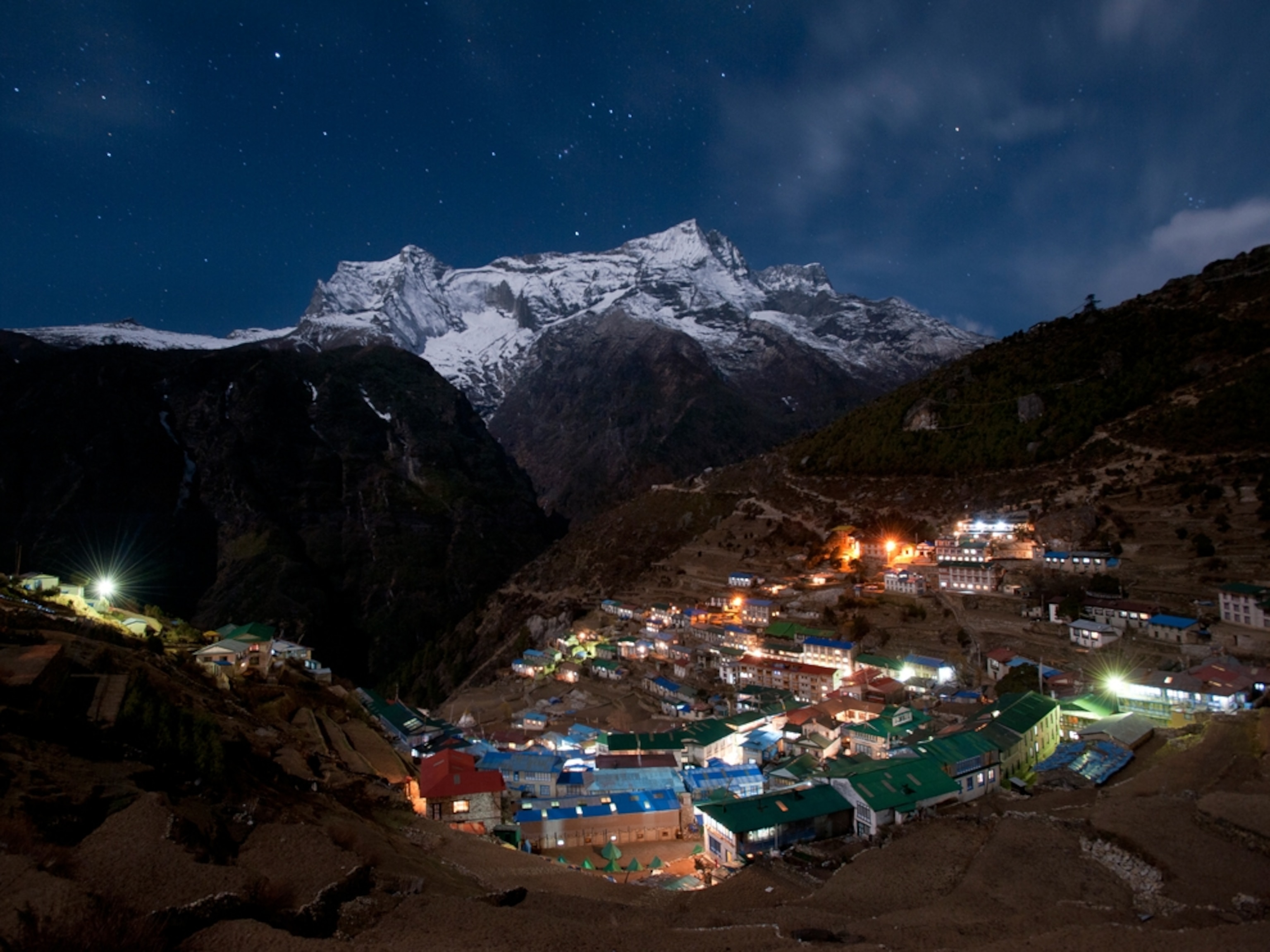 Namche Bazaar seen at night in the Khumbu region in Nepal