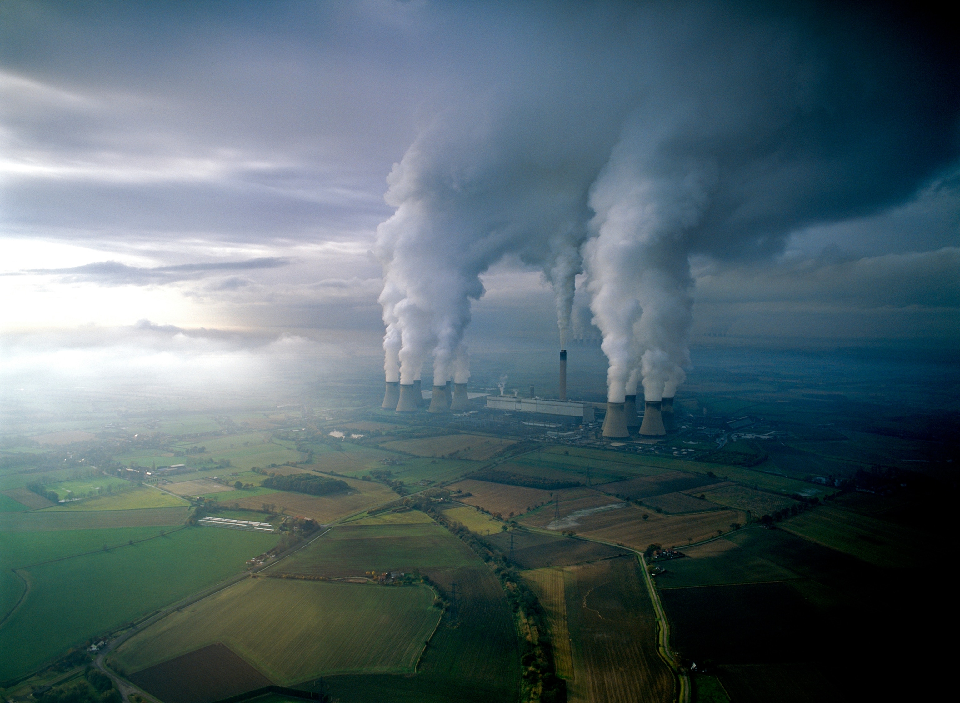 Carbon dioxide emissions from stacks at a coal-fired power plant in England.