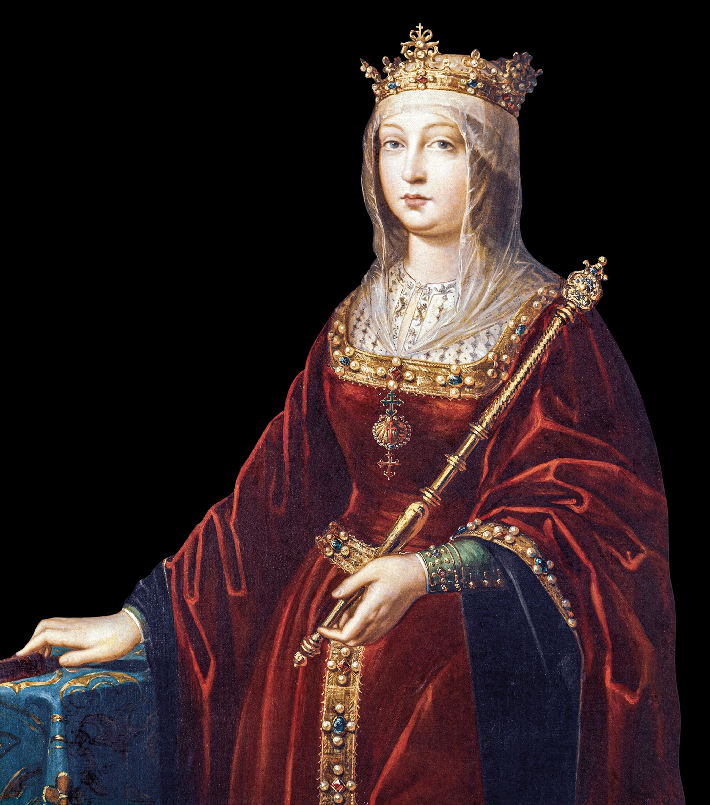 A painted portrait of Queen Isabella I in a red dress, with a head cover, holding a gold rod