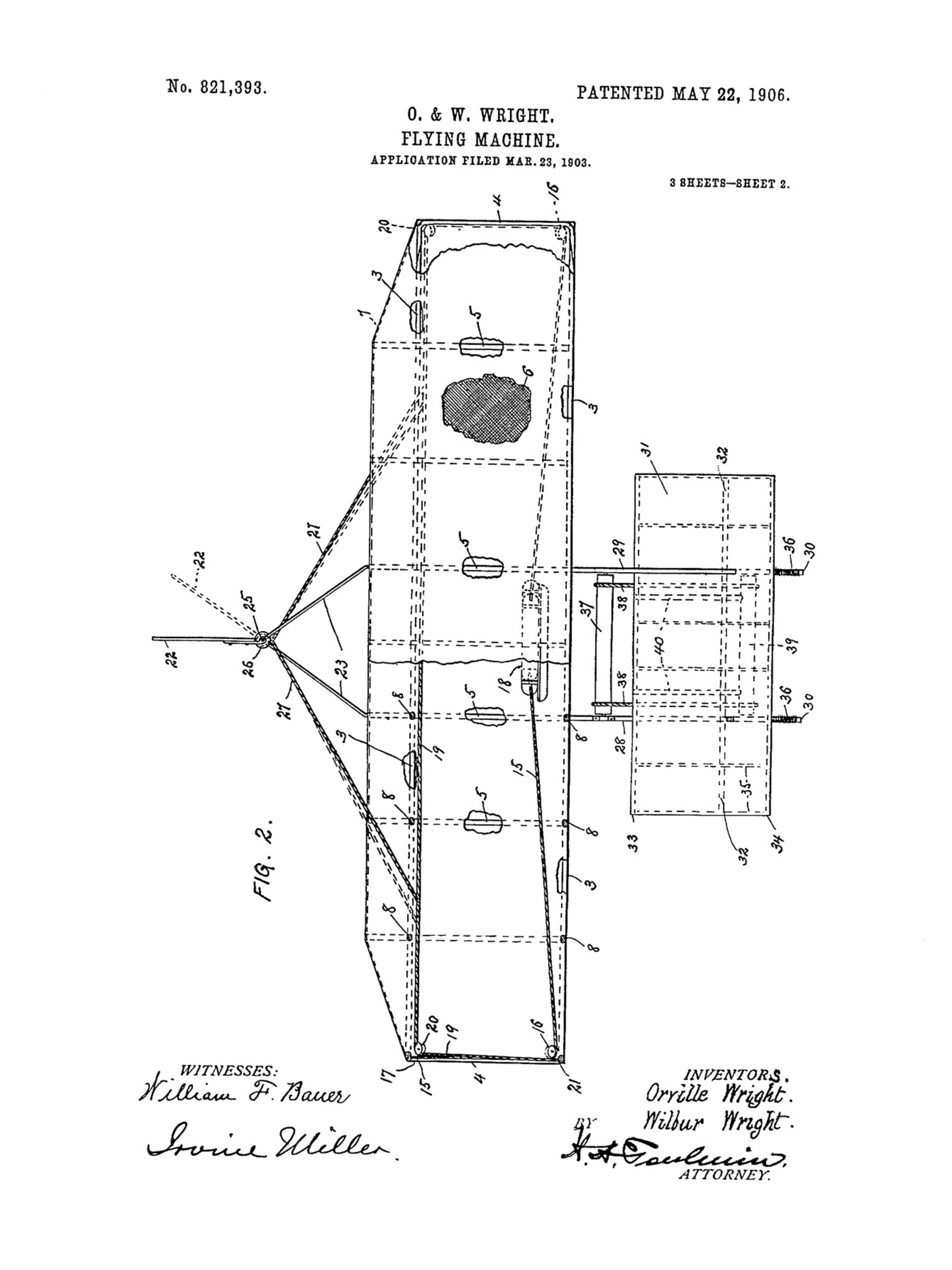 a drawing of the flying machine by O. and W. Wright