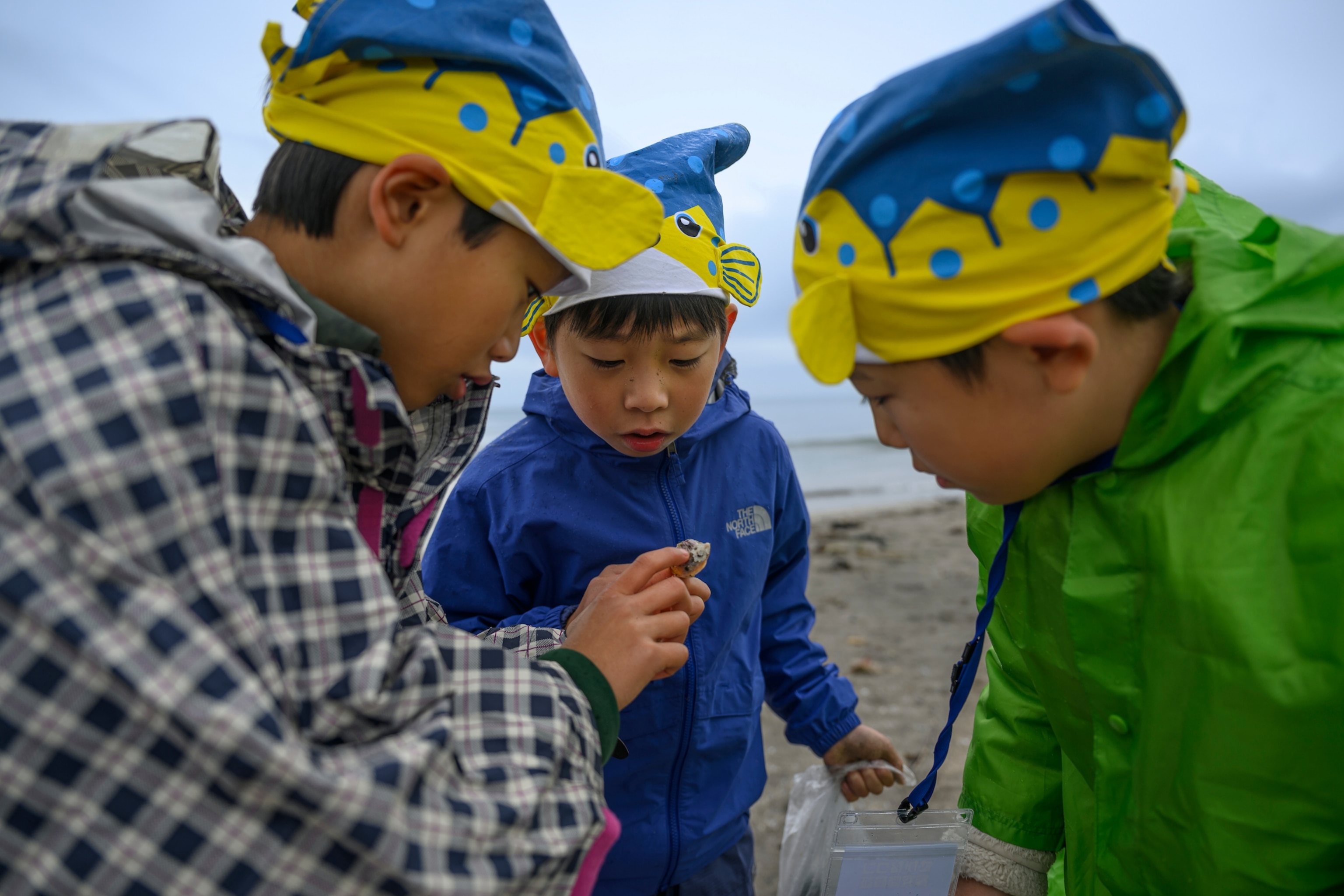Young members of Sakana-kun’s Ocean Exploration team take part in a beach clean-up at Yuigahama Beach.