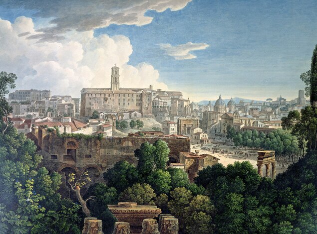A colored engraving shows a 16th-century view of the Capitoline Hill from the Farnese Gardens, the first private botanic garden in Europe.