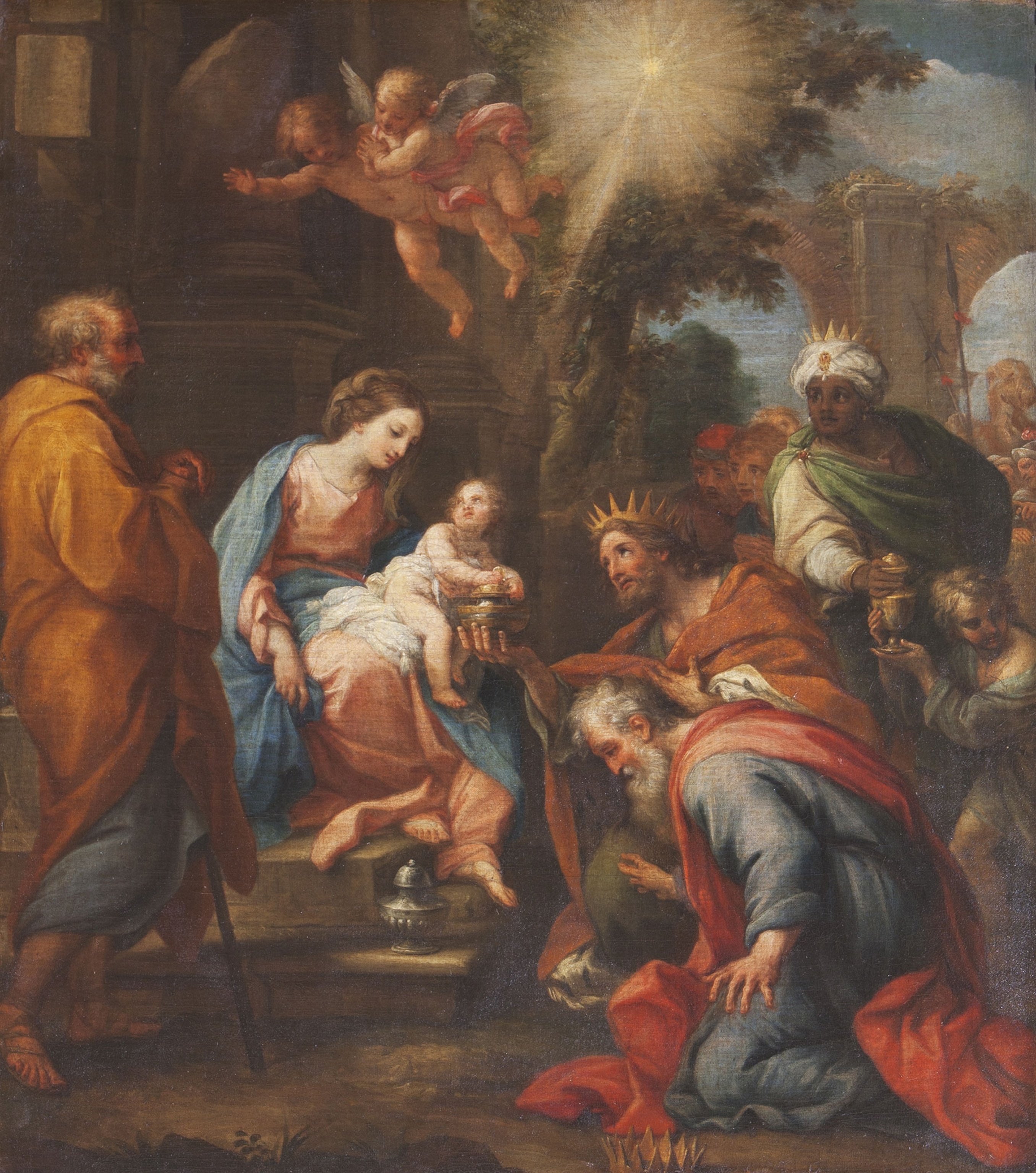 A painting depicts a woman holding a baby with a star shining above. People in draped colorful clothing surround them.