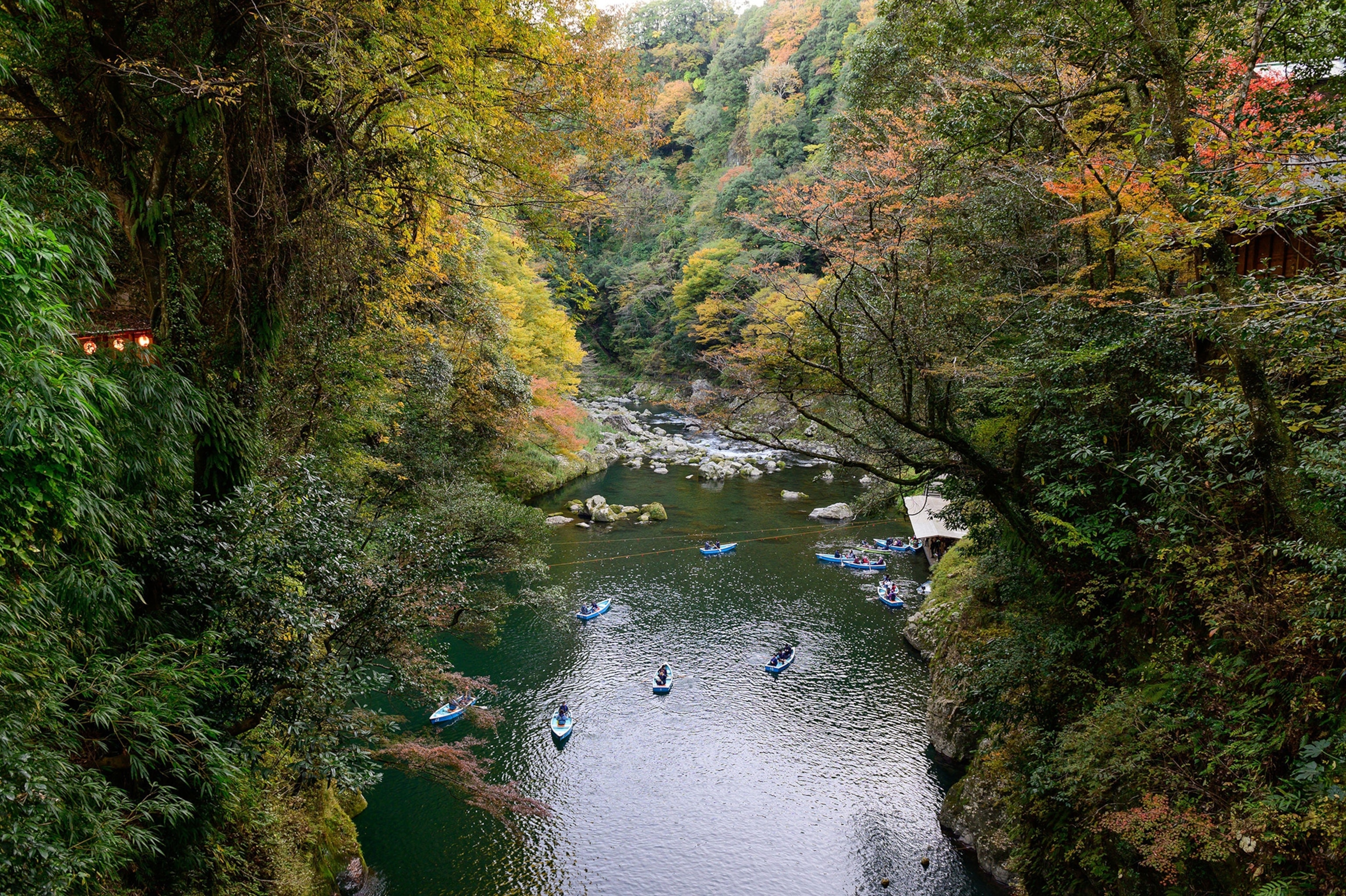 People float in row boats along a river lined with fall foliage