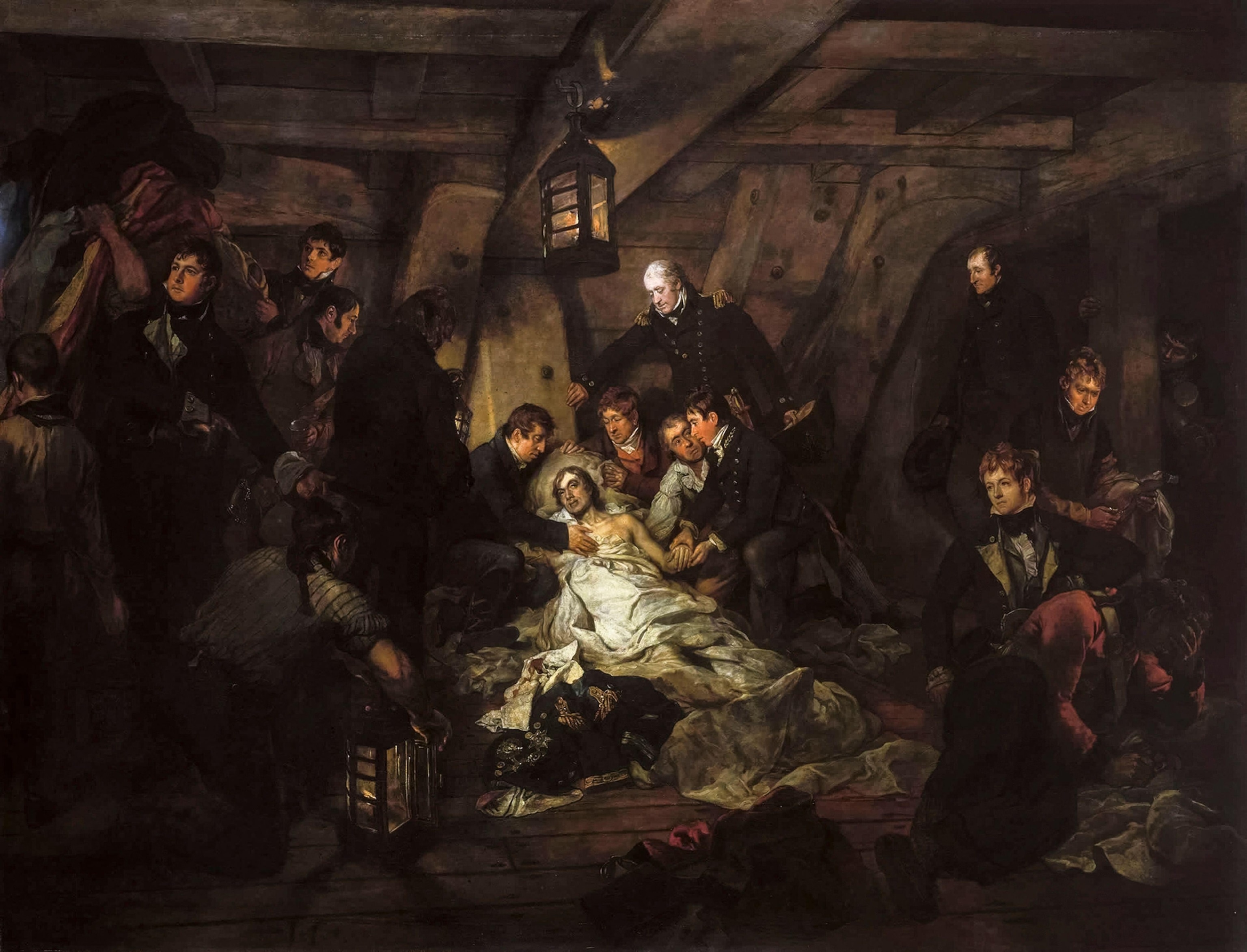 A painting of a man laying in a bed of white with people surrounding him