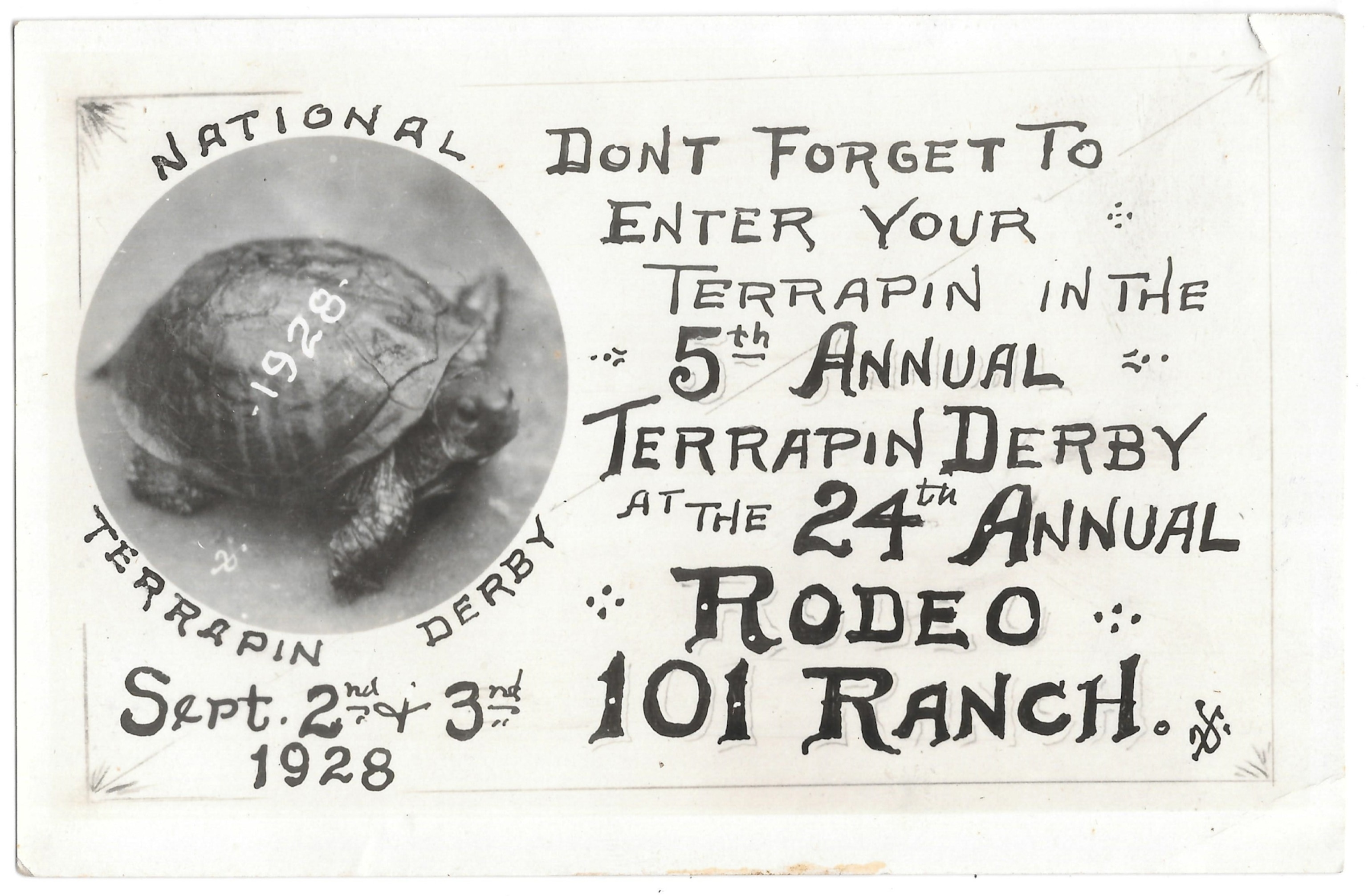 1928 Postcard advertising the 5th annual Terrapin Derby at the 24th Annual Rodeo Ranch
