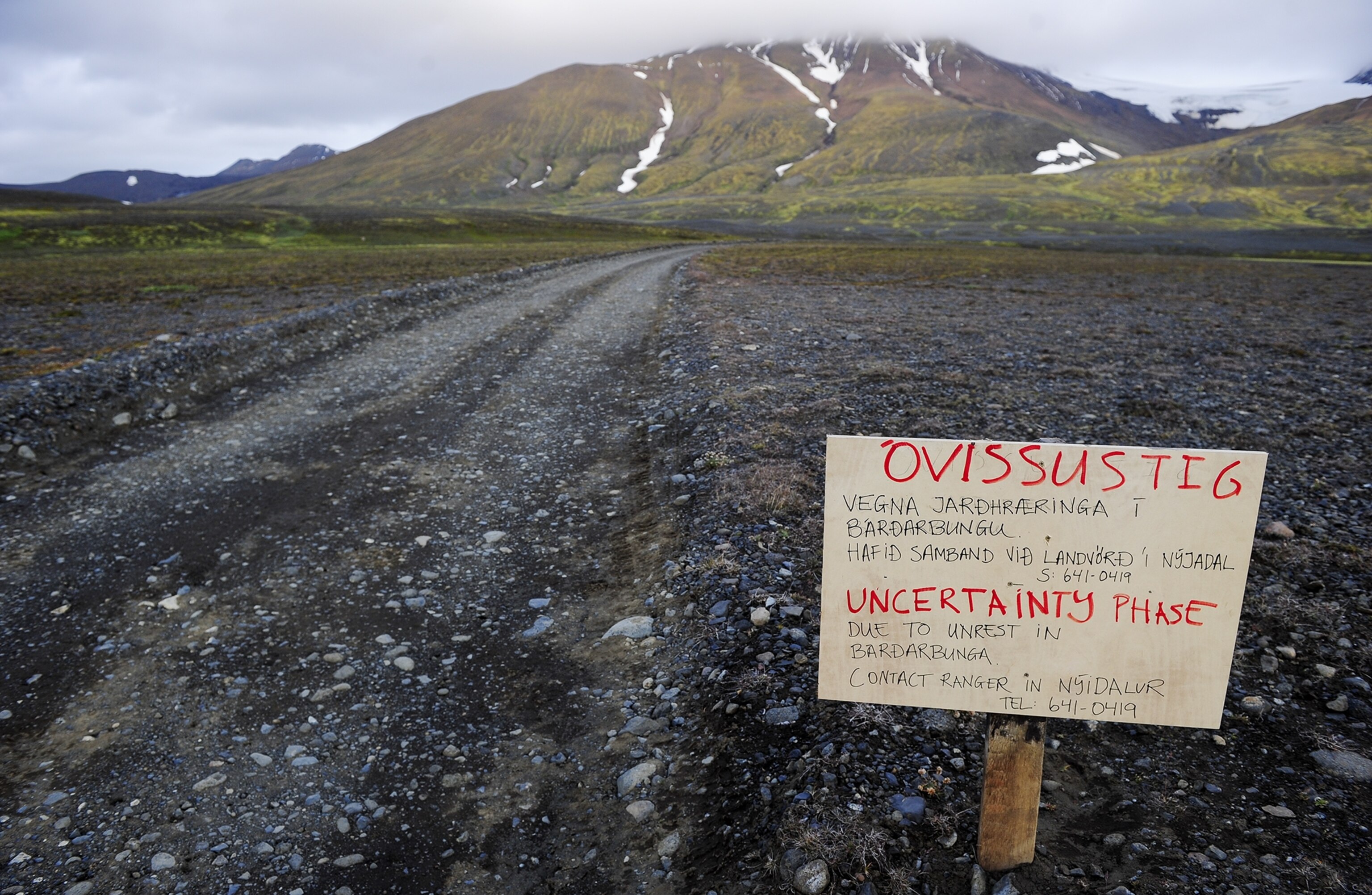 a warning sign blocking the road to Bardarbunga, an Icelandic volcano.