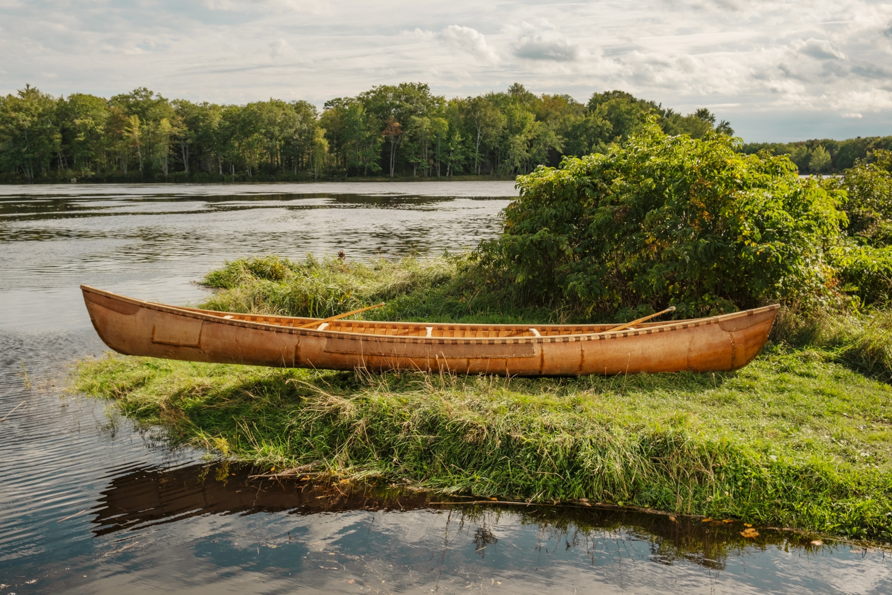 A birchbark canoe built by Penobscot and other Wabanaki tribal members rests on a grass patch along the water.