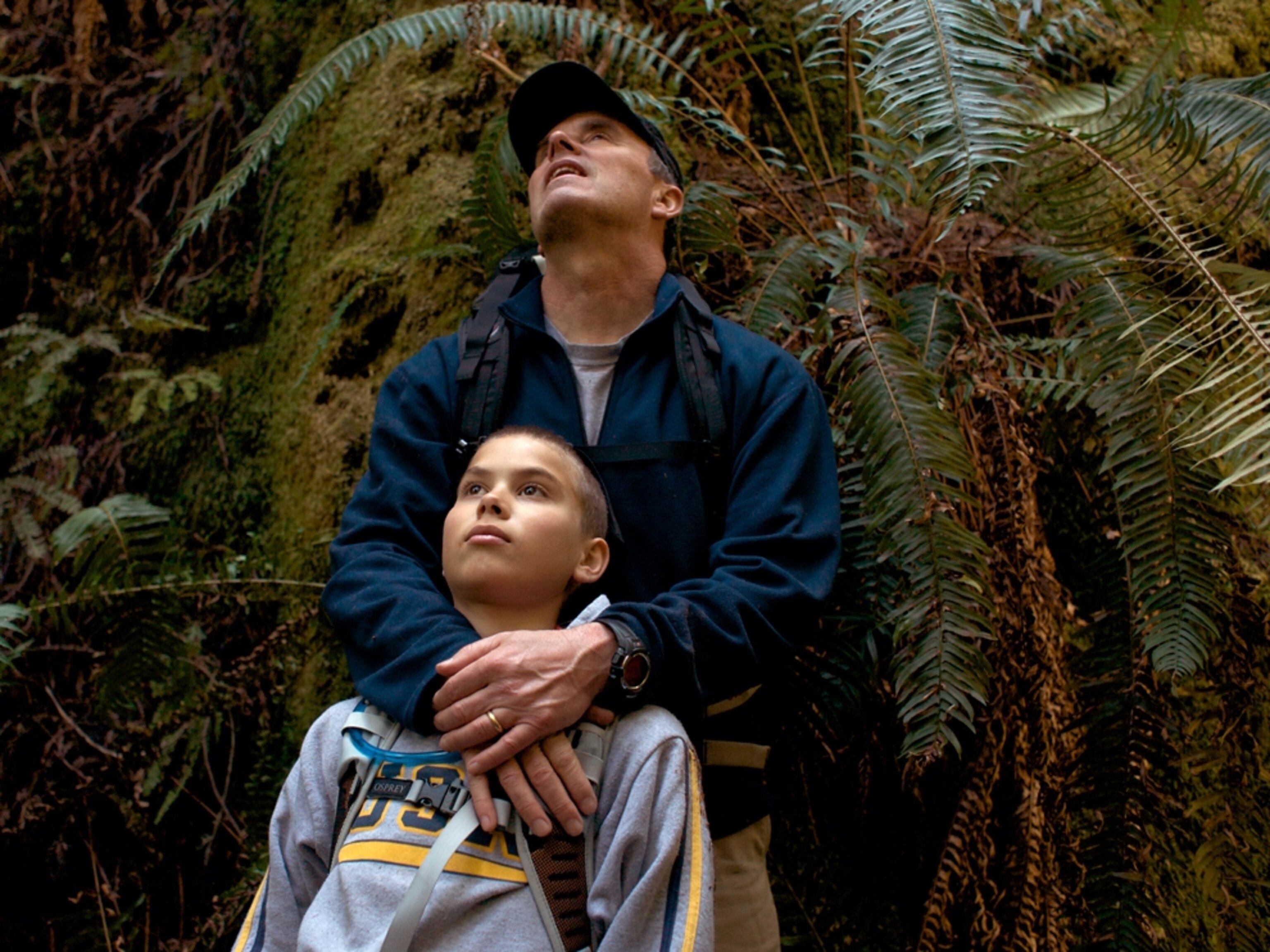 A father and son in the redwood forest.