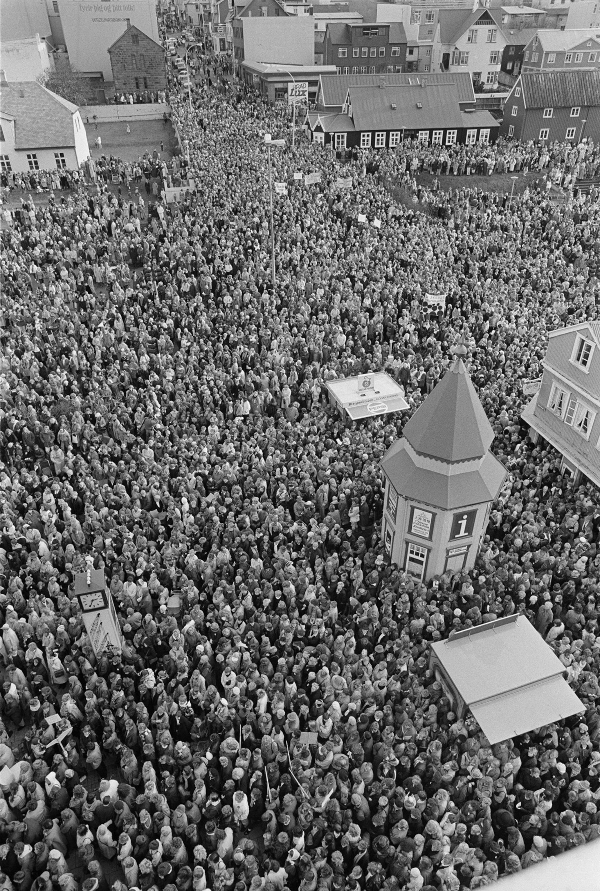 An aerial view of women protesting