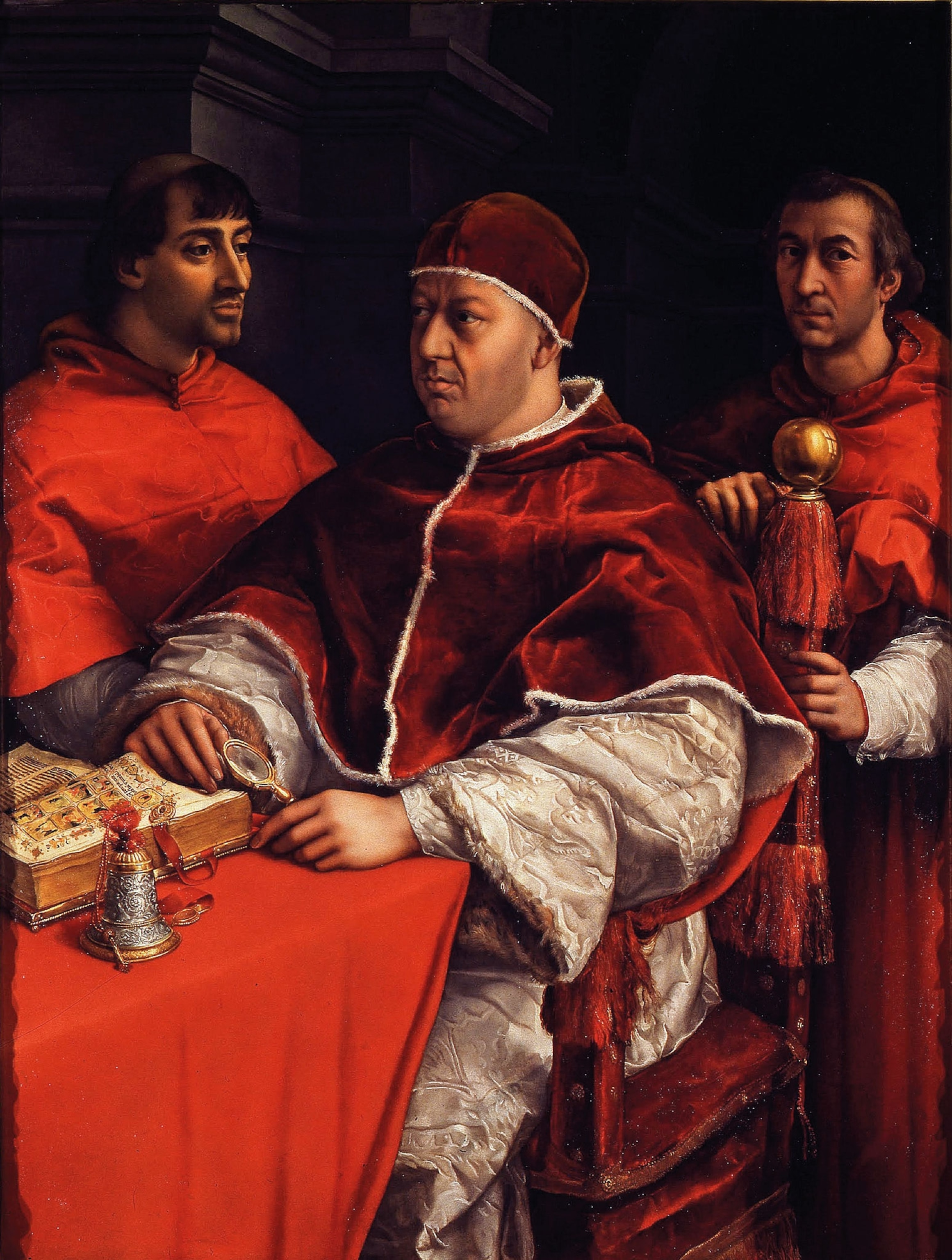 A painting of the pope and two men in red robes behind him