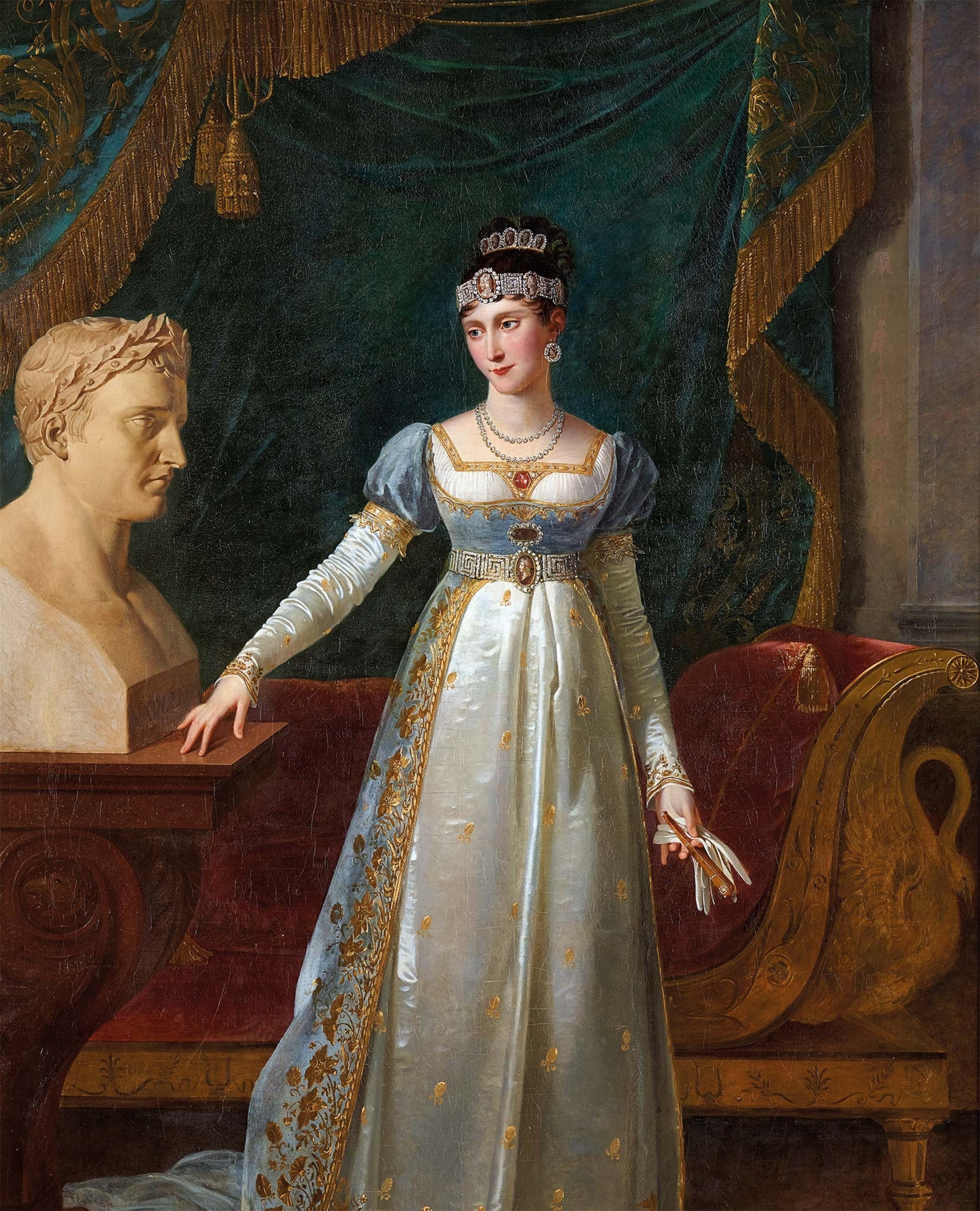 Pauline Bonaparte poses next to a bust of her brother, Napoleon, in a portrait by Robert Lefèvre.