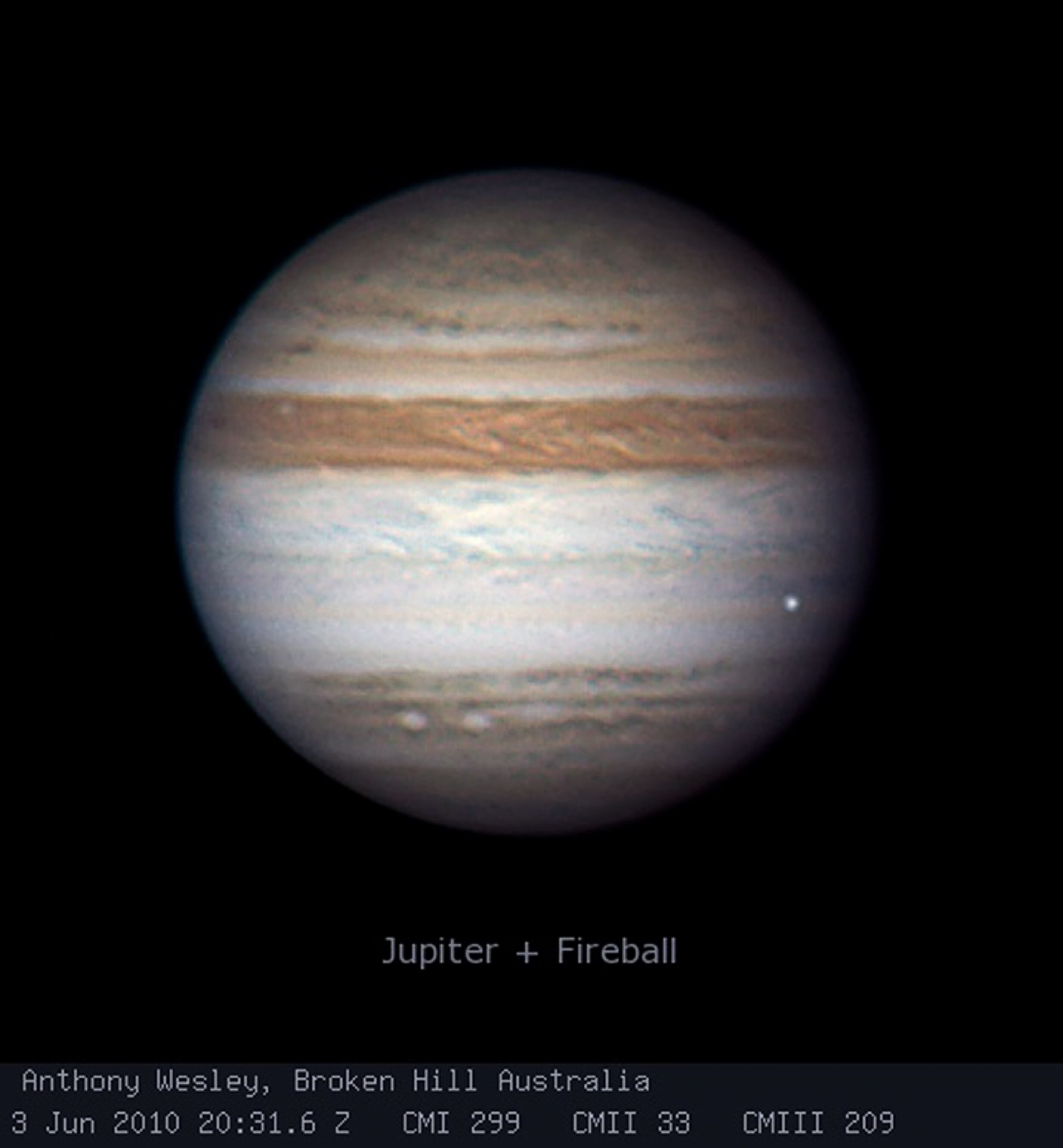 A picture of Jupiter taken using a ground-based telescope shows the bright white flash of an impact.