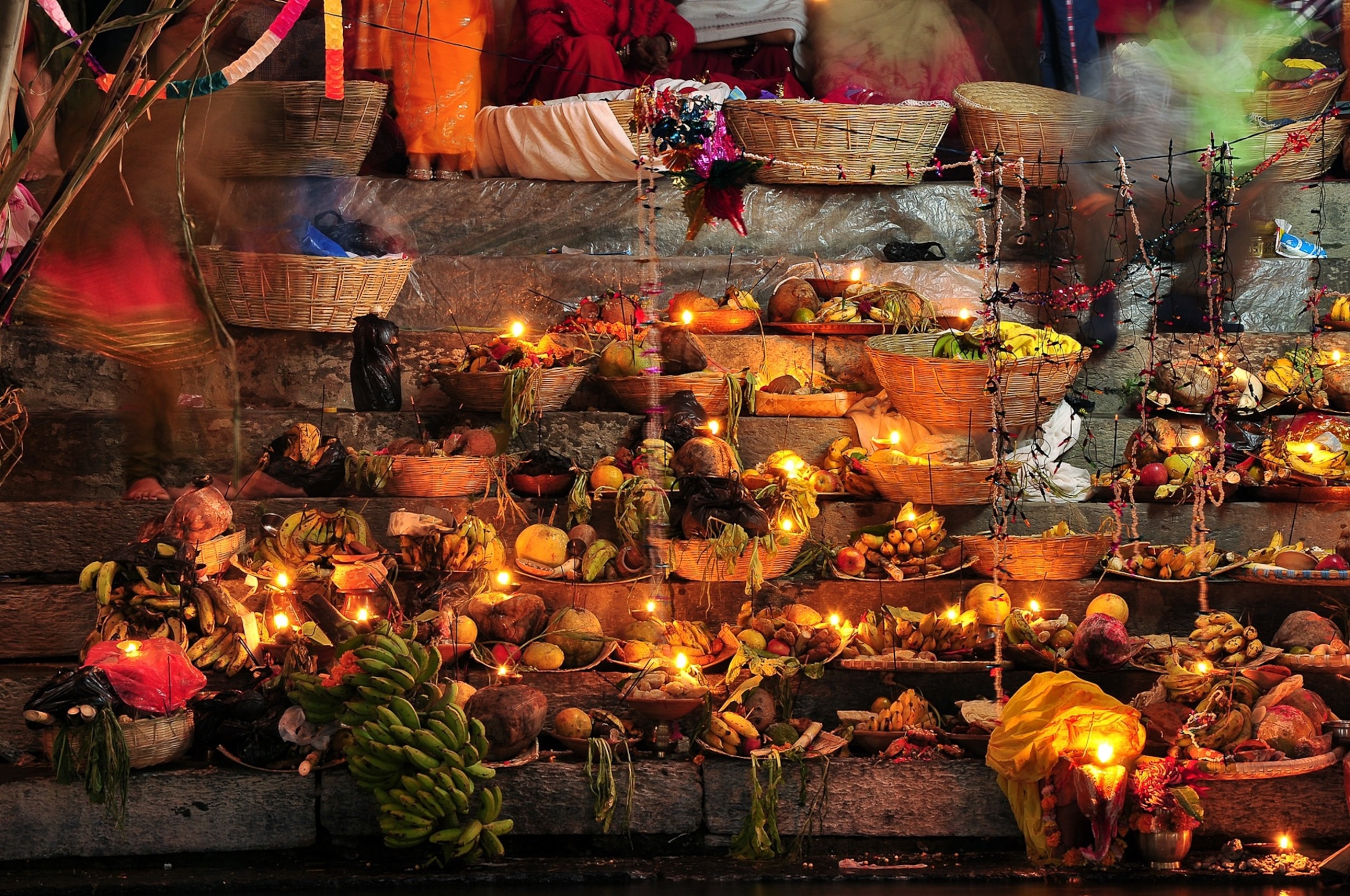 a holy food offering being set up in Kathmandu to celebrate the Chhath festival.
