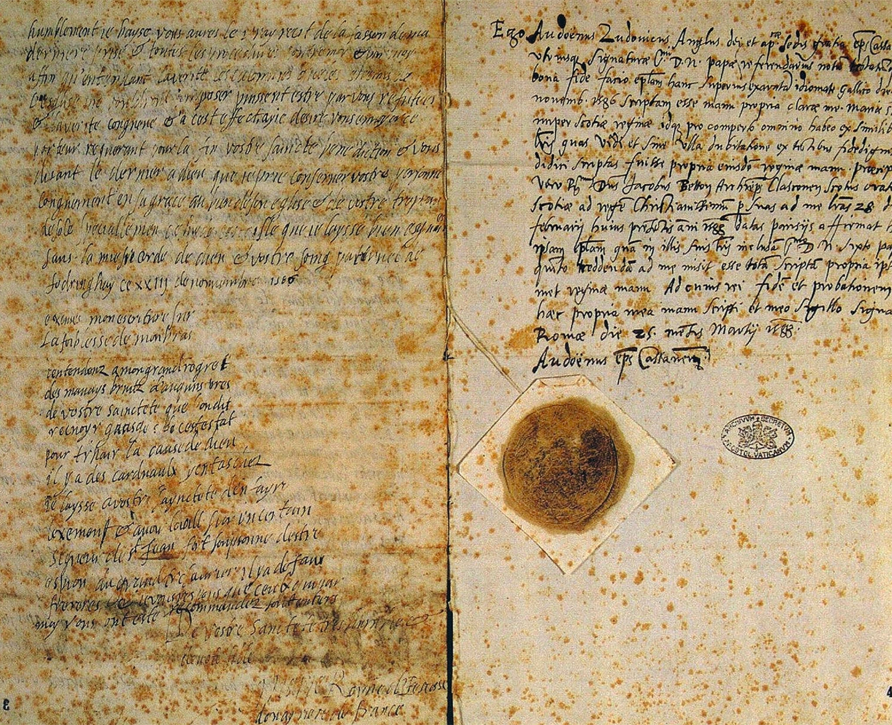 The closing lines of Mary Stuart’s letter in French to Pope Sixtus V.