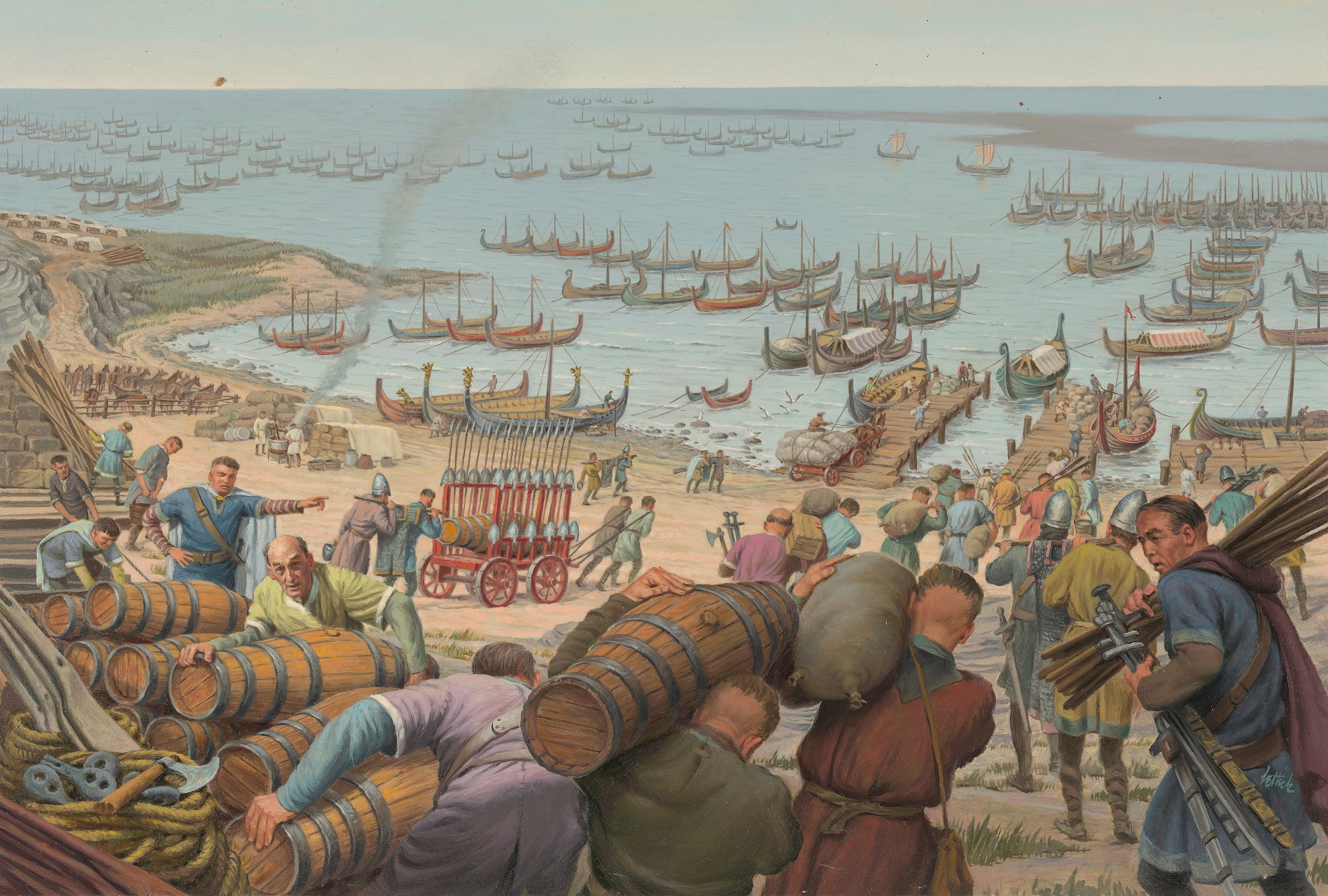 A painting that depicts the loading of supplies onto William's fleet.
