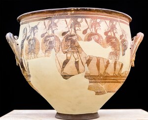 Μυκηναίοι πολεμιστές κοσμούν έναν κρατήρα κρασιού του 12ου αιώνα π.Χ. από τις Μυκήνες.