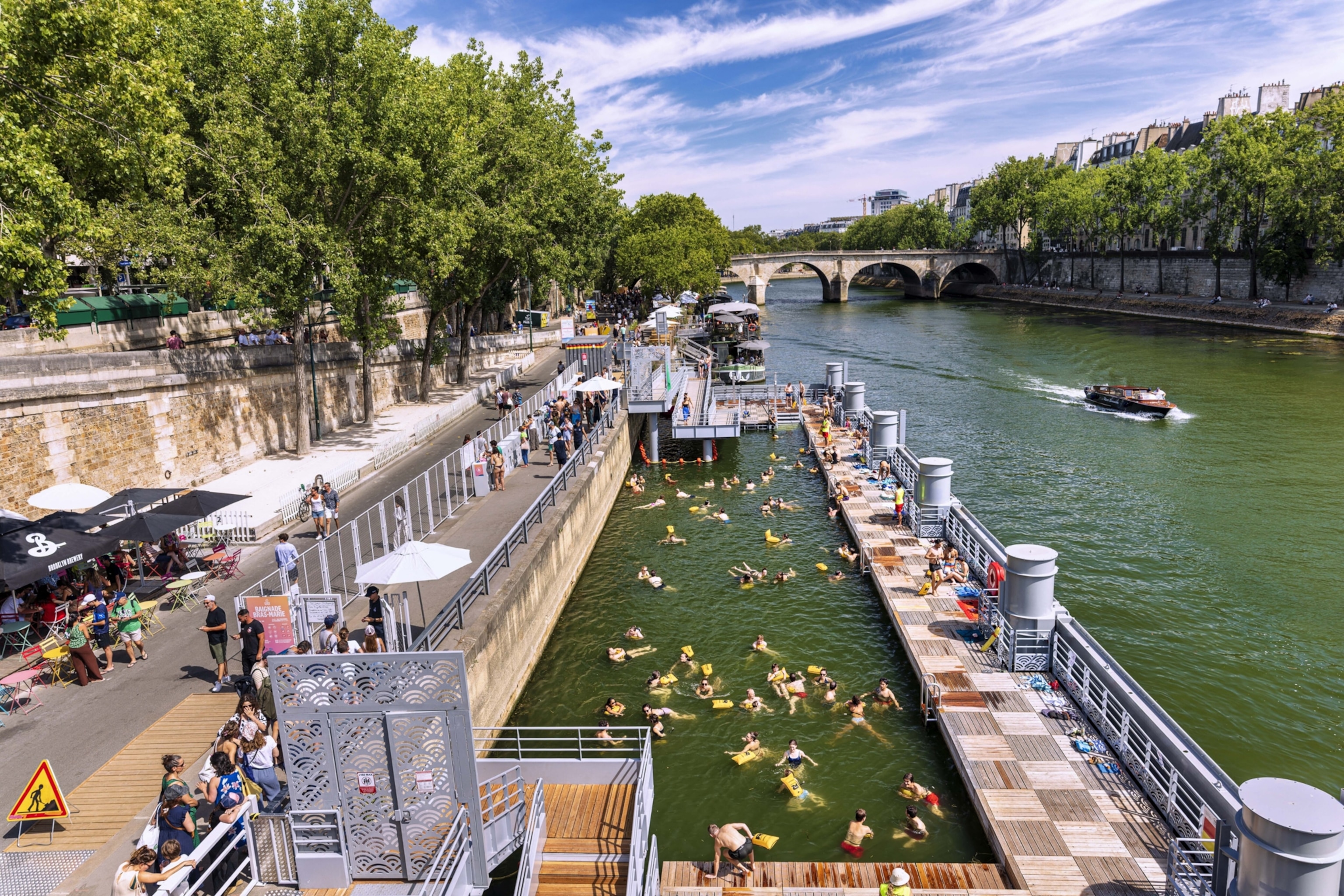 The Bras-Marie swimming area on the Seine, located between the Pont Marie and Pont Louis-Philippe, is seen ahead of its opening in July 2026 in the 4th arrondissement of Paris, France on July 5, 2026