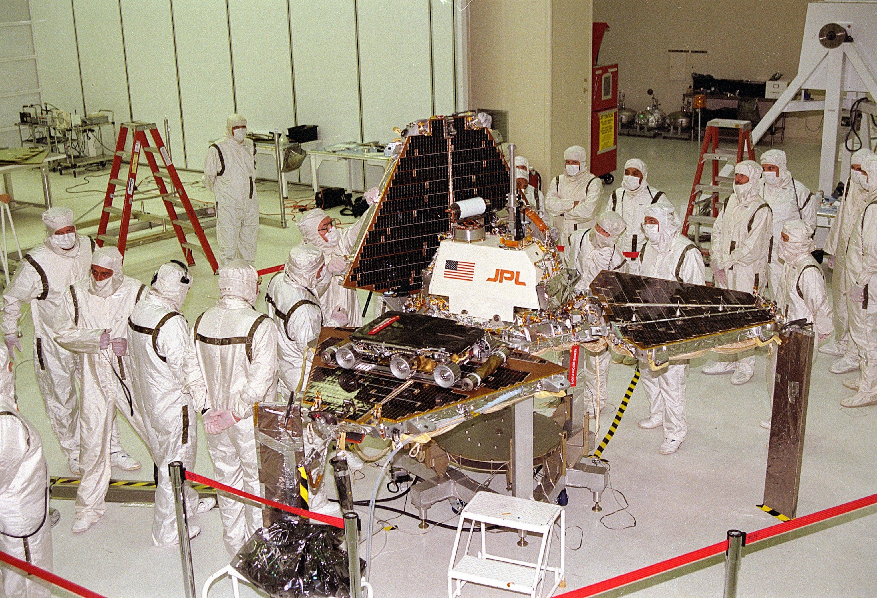 technicians working on the Sojourner spacecraft